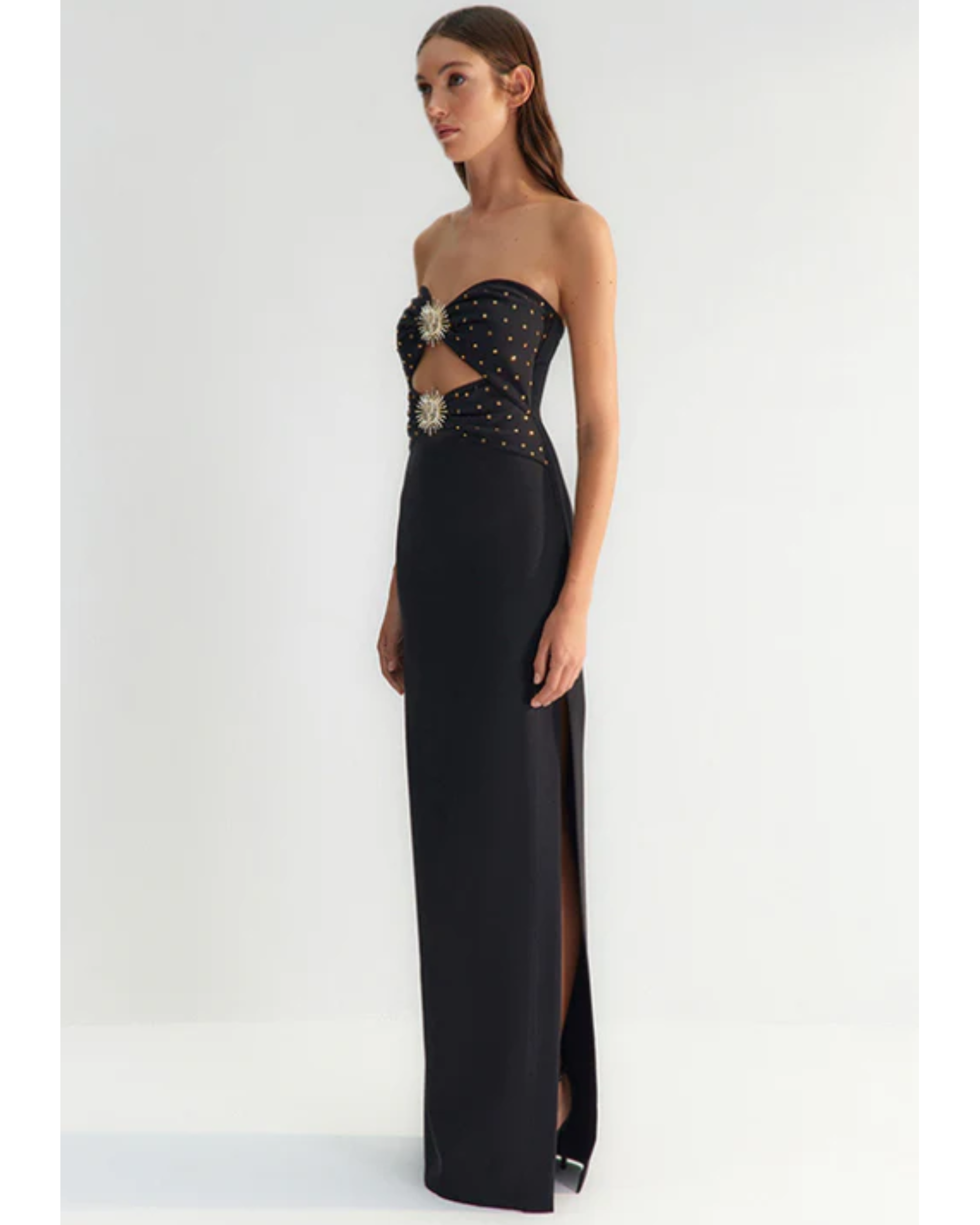 Black Body-Fitting Sun Accessory Detailed Shiny Jewelled Strapless Gown - Endless - UAE Rental and Resale for Women's Fashion