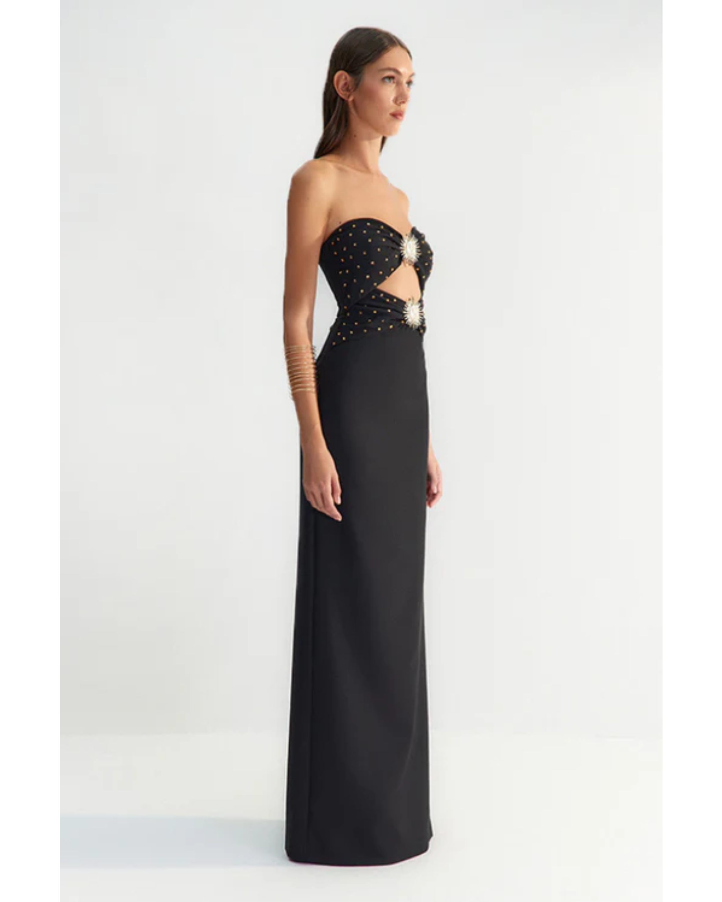 Black Body-Fitting Sun Accessory Detailed Shiny Jewelled Strapless Gown - Endless - UAE Rental and Resale for Women's Fashion