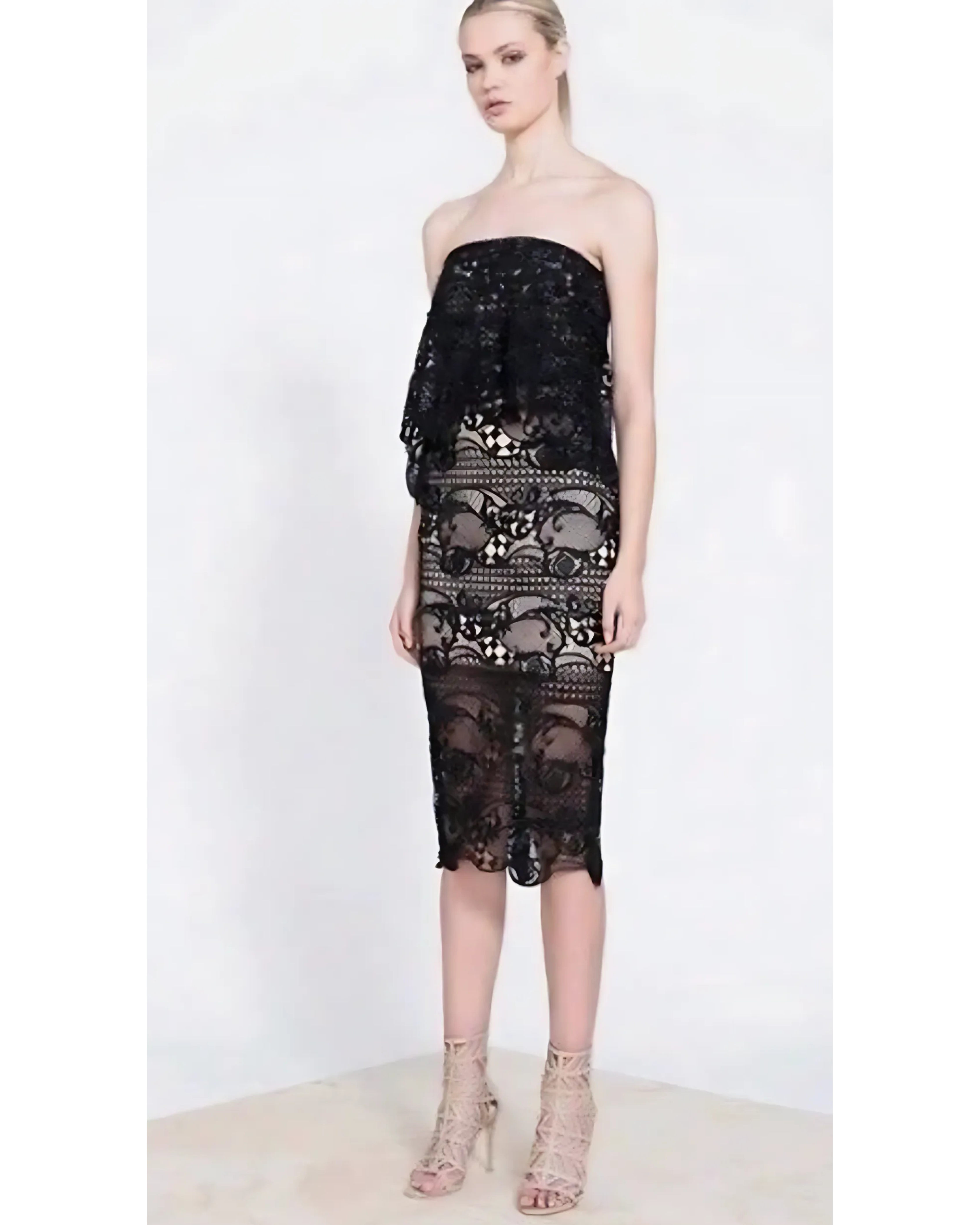 Black Lace Overlay Strapless Midi Dress - Endless - UAE Rental and Resale for Women's Fashion