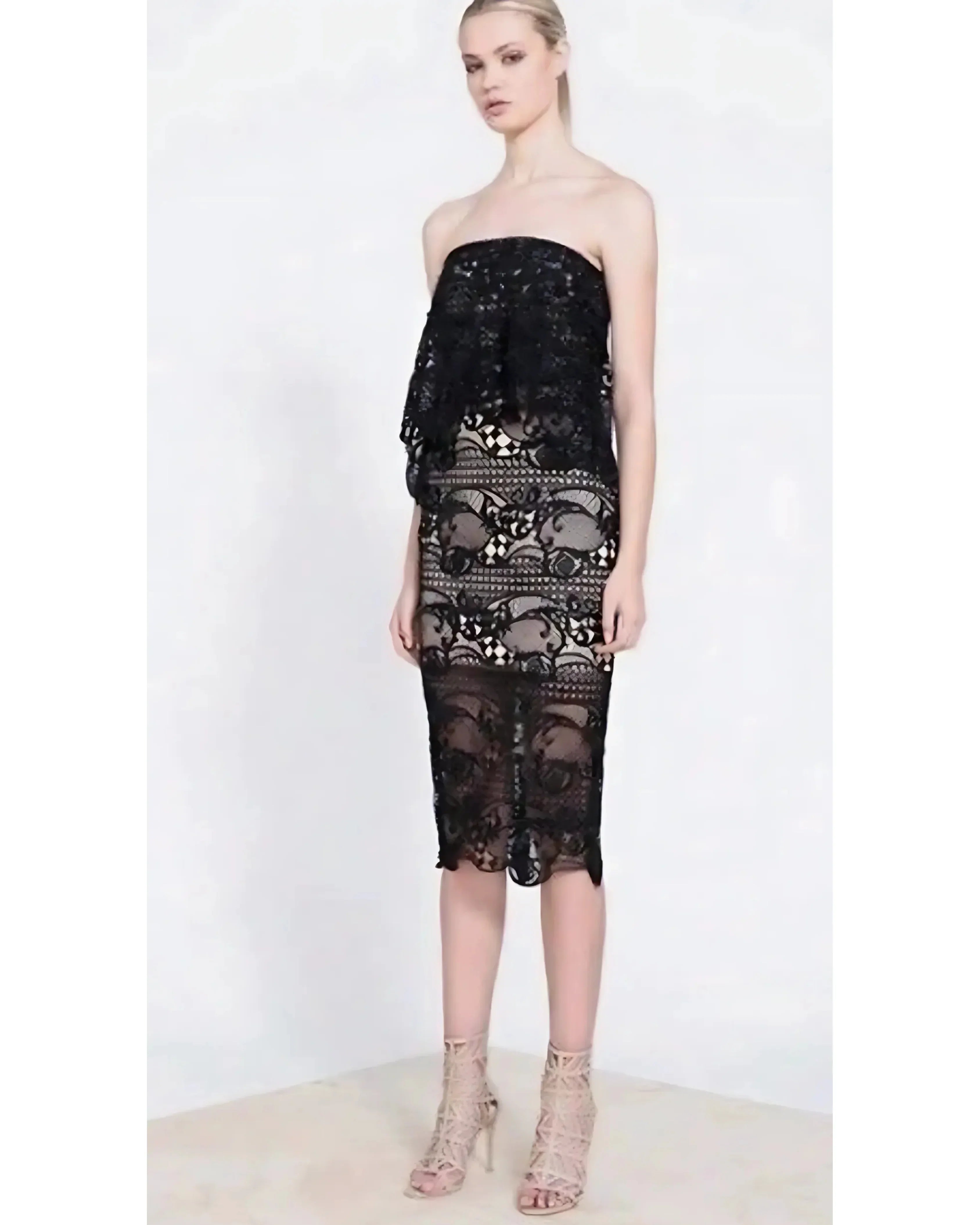 Black Lace Overlay Strapless Midi Dress - Endless - UAE Rental and Resale for Women's Fashion