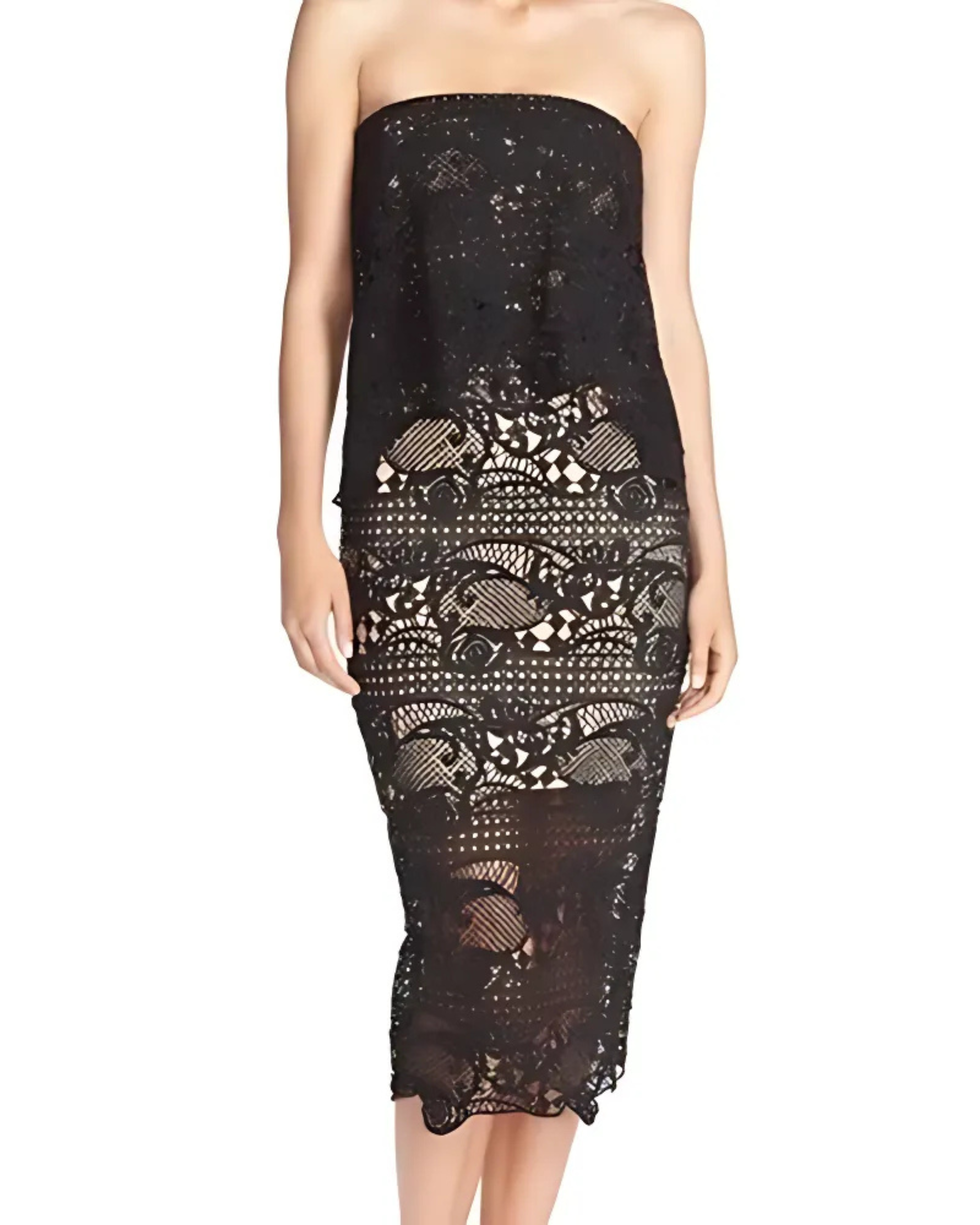 Black Lace Overlay Strapless Midi Dress - Endless - UAE Rental and Resale for Women's Fashion