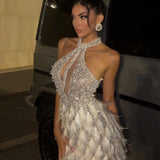 Bronte Halterneck Pearl Sequin Feather Mini Dress - Endless - UAE Rental and Resale for Women's Fashion