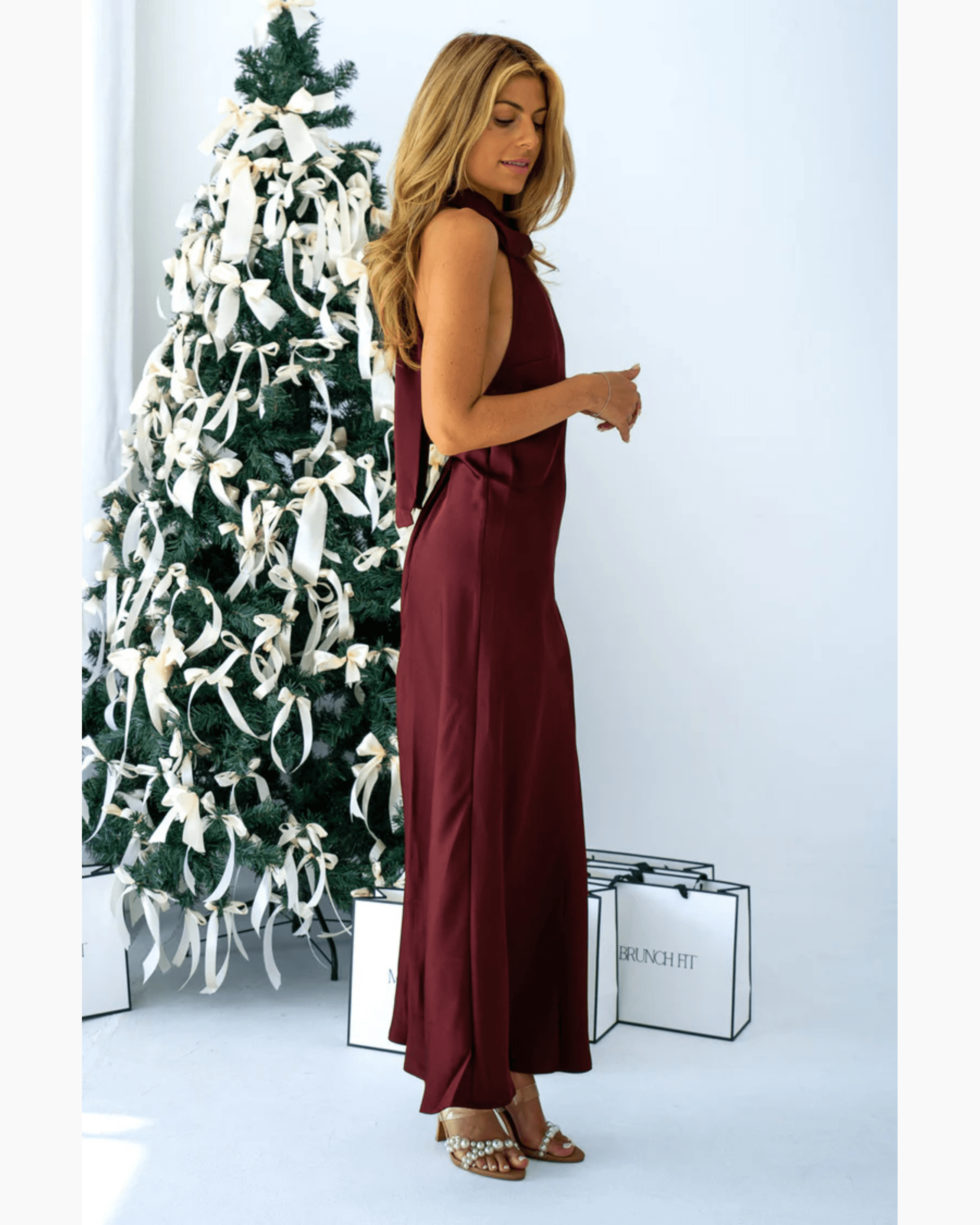 Burgundy Satin High Neck Maxi Dress - Endless - UAE Rental and Resale for Women's Fashion