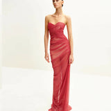 Mia Strapless Sheer Glitter Gown - Scarlet