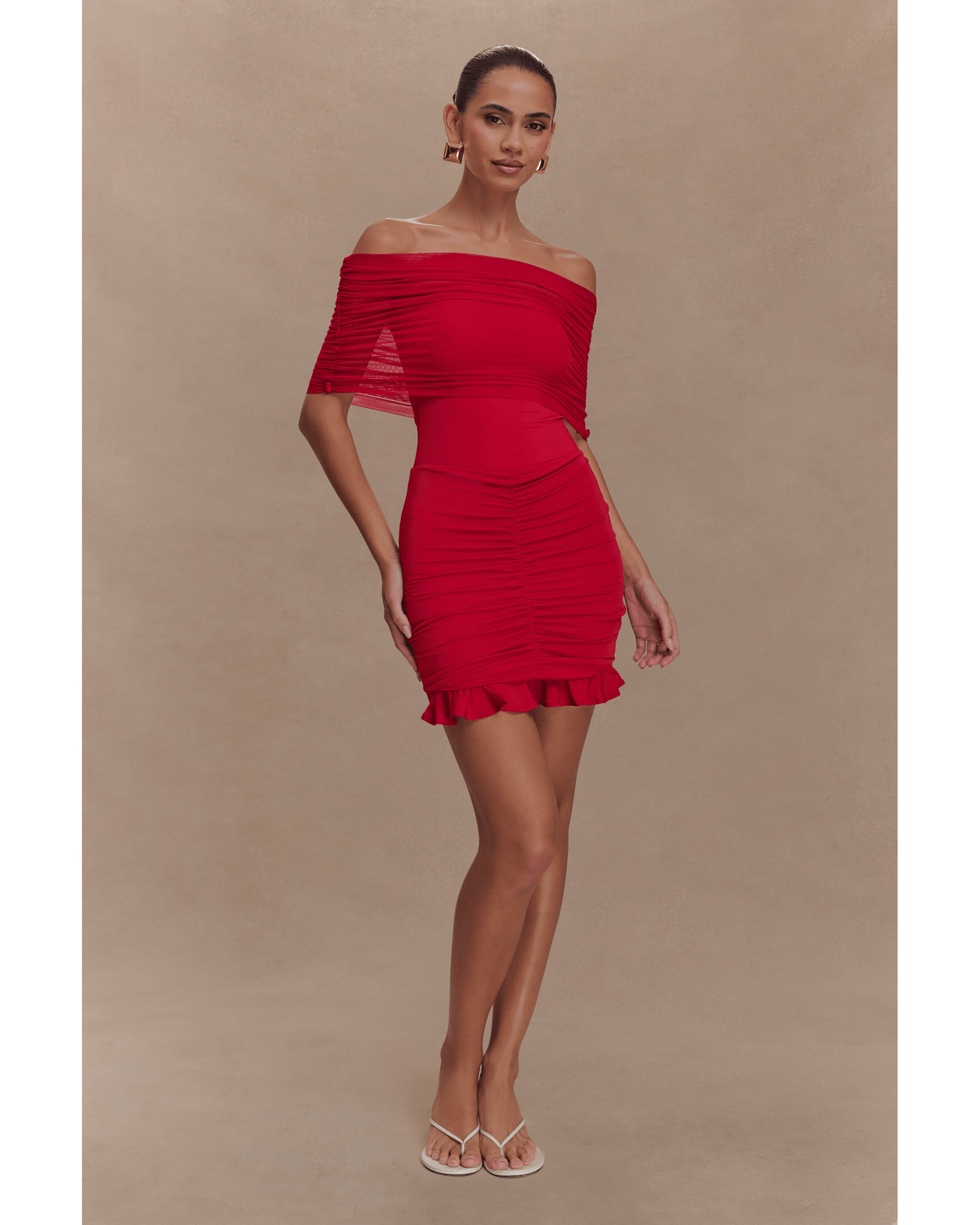 Caspian Slinky And Mesh Off Shoulder Mini Dress - Endless - UAE Rental and Resale for Women's Fashion
