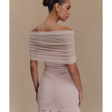 Caspian Slinky And Mesh Off Shoulder Mini Dress - Endless - UAE Rental and Resale for Women's Fashion