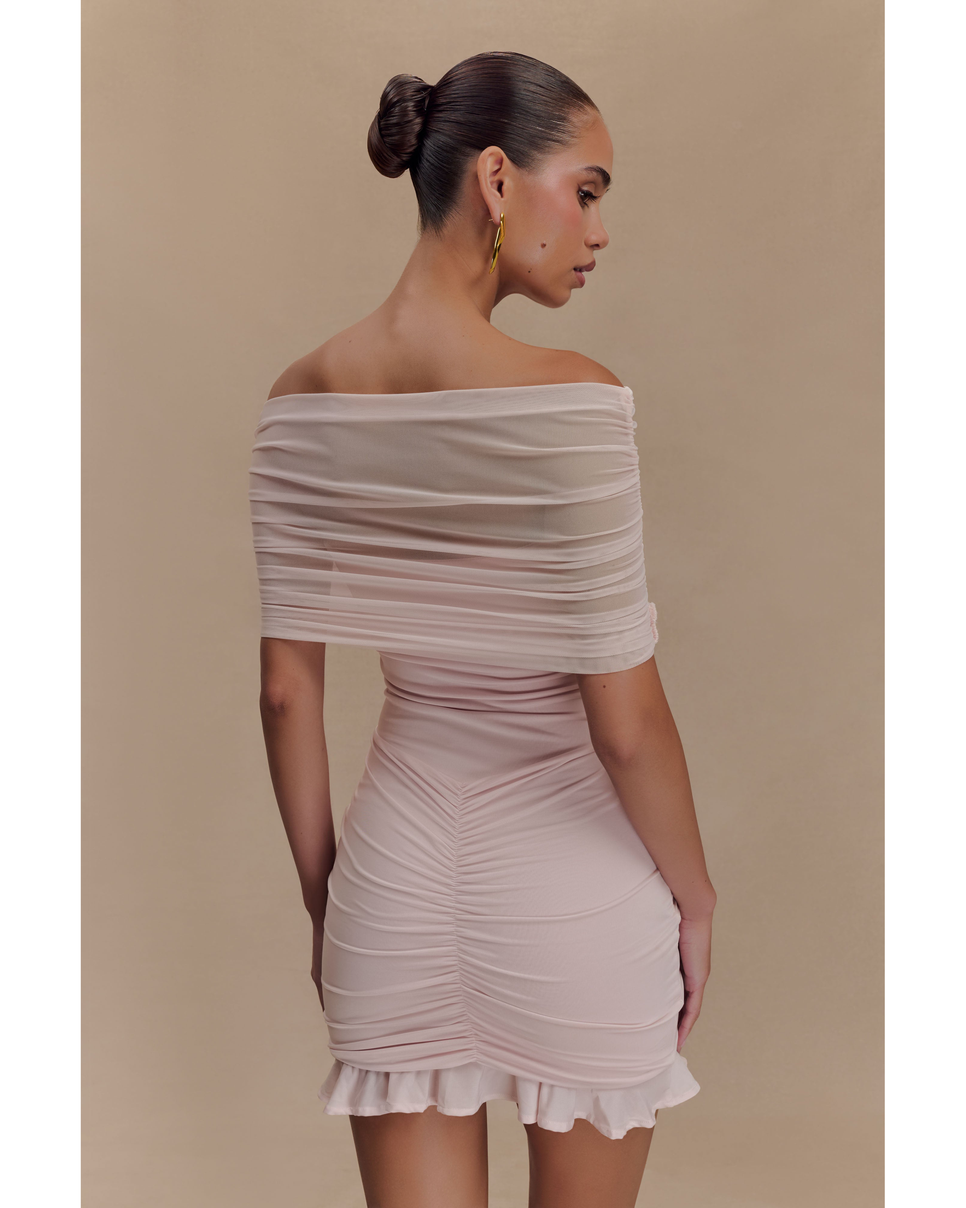 Caspian Slinky And Mesh Off Shoulder Mini Dress - Endless - UAE Rental and Resale for Women's Fashion