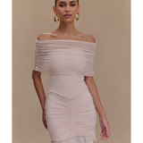 Caspian Slinky And Mesh Off Shoulder Mini Dress - Endless - UAE Rental and Resale for Women's Fashion