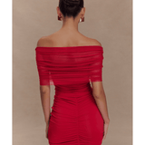 Caspian Slinky And Mesh Off Shoulder Mini Dress - Endless - UAE Rental and Resale for Women's Fashion