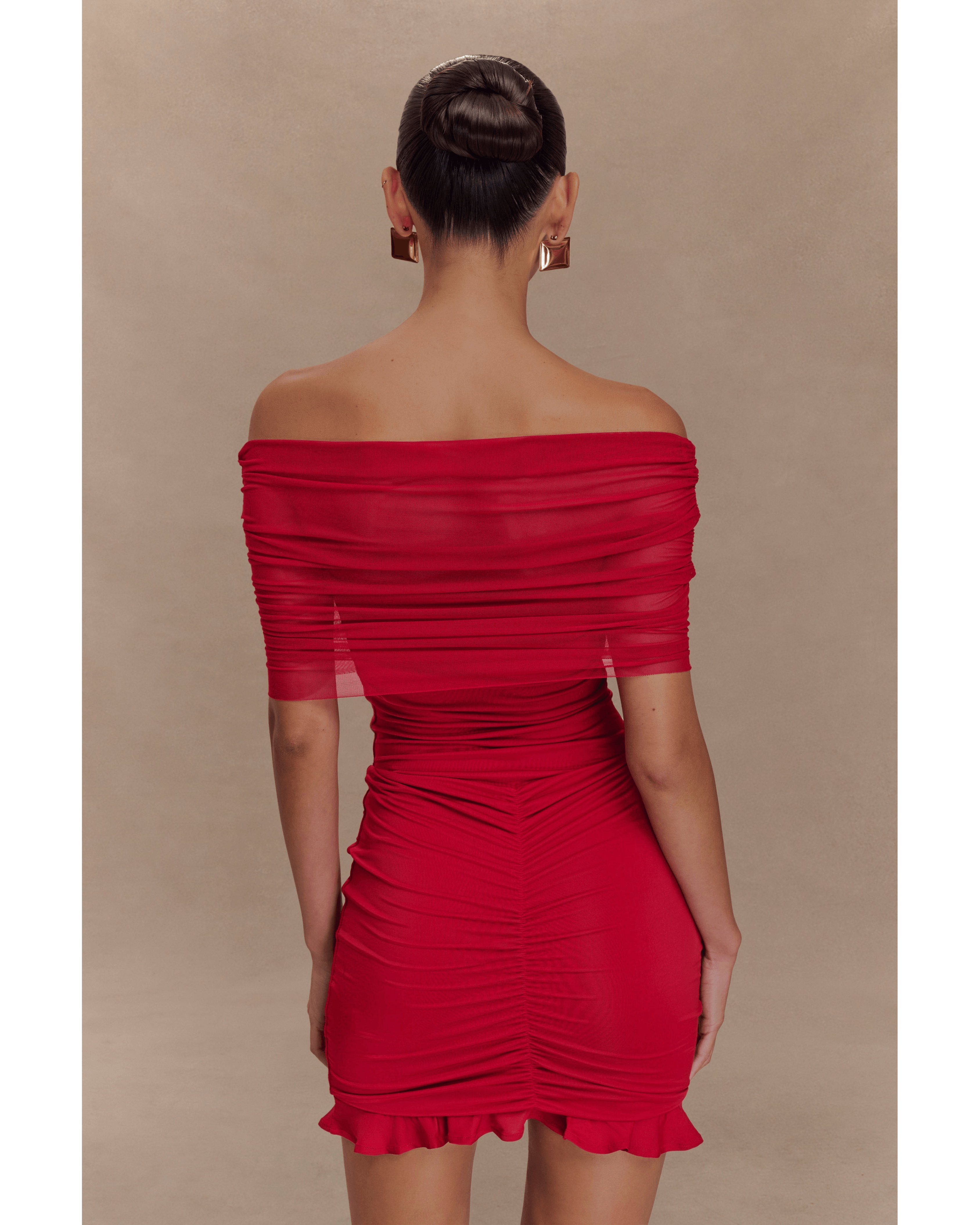 Caspian Slinky And Mesh Off Shoulder Mini Dress - Endless - UAE Rental and Resale for Women's Fashion
