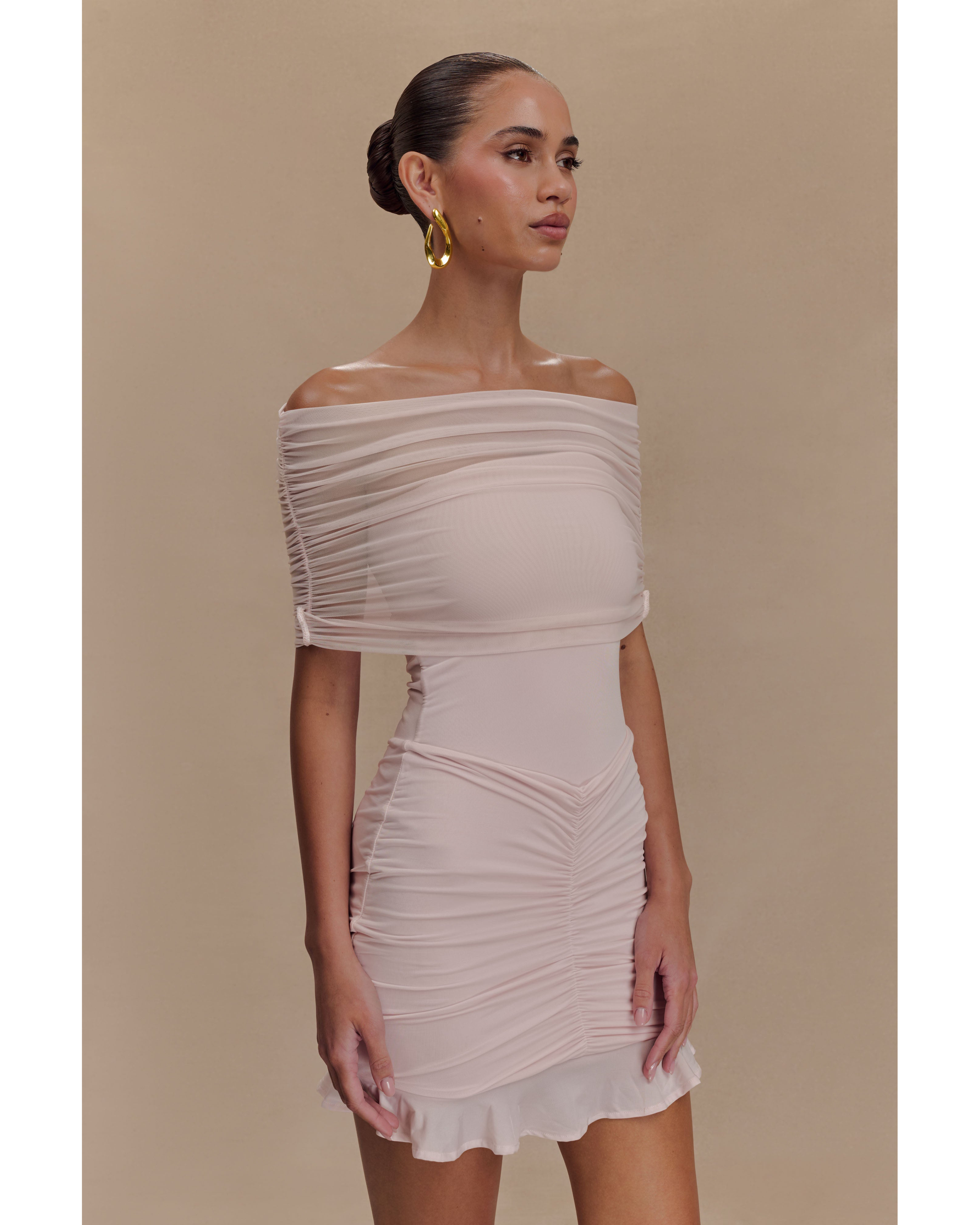 Caspian Slinky And Mesh Off Shoulder Mini Dress - Endless - UAE Rental and Resale for Women's Fashion