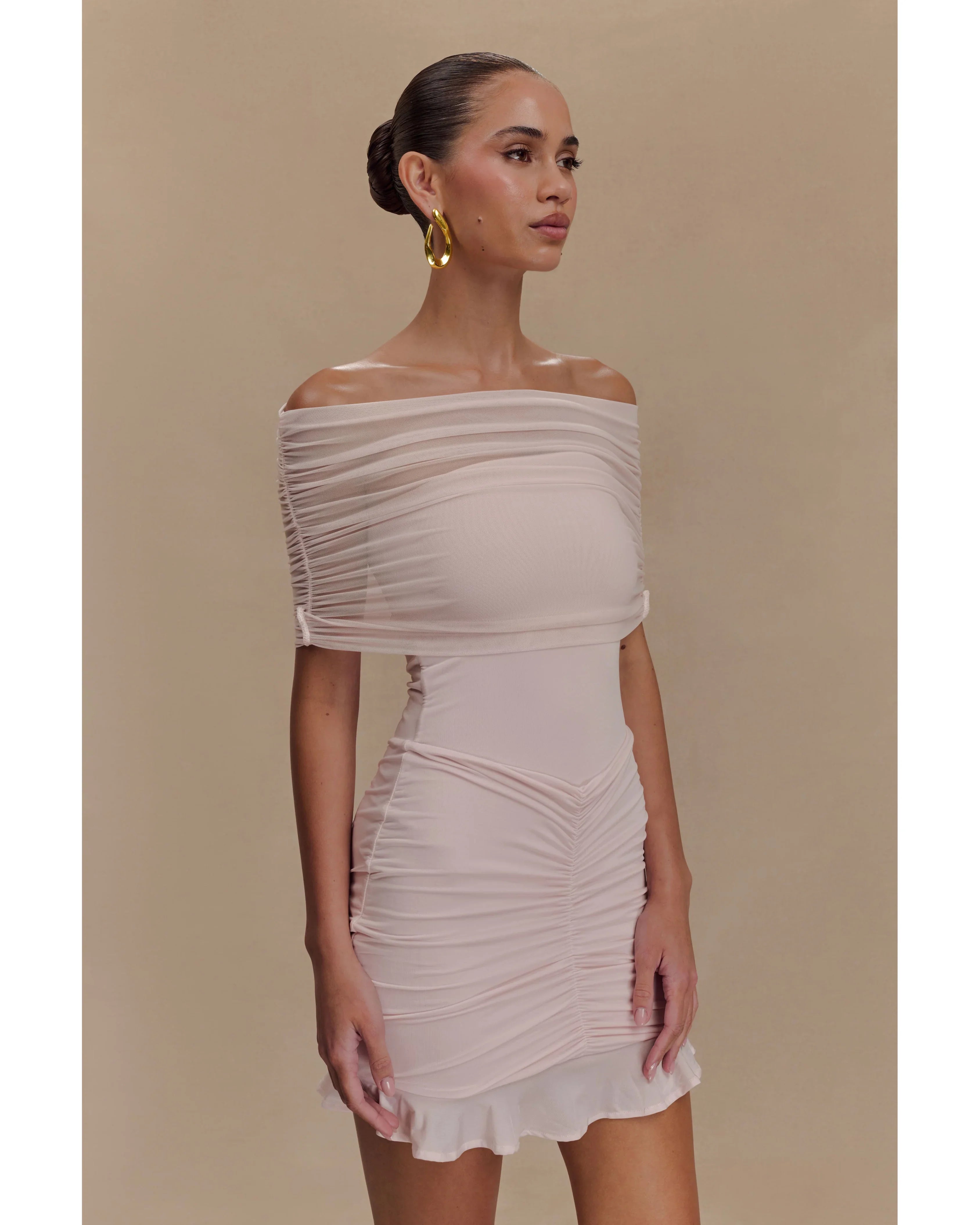 Caspian Slinky And Mesh Off Shoulder Mini Dress - Endless - UAE Rental and Resale for Women's Fashion