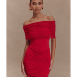 Caspian Slinky And Mesh Off Shoulder Mini Dress - Endless - UAE Rental and Resale for Women's Fashion