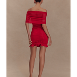Caspian Slinky And Mesh Off Shoulder Mini Dress - Endless - UAE Rental and Resale for Women's Fashion