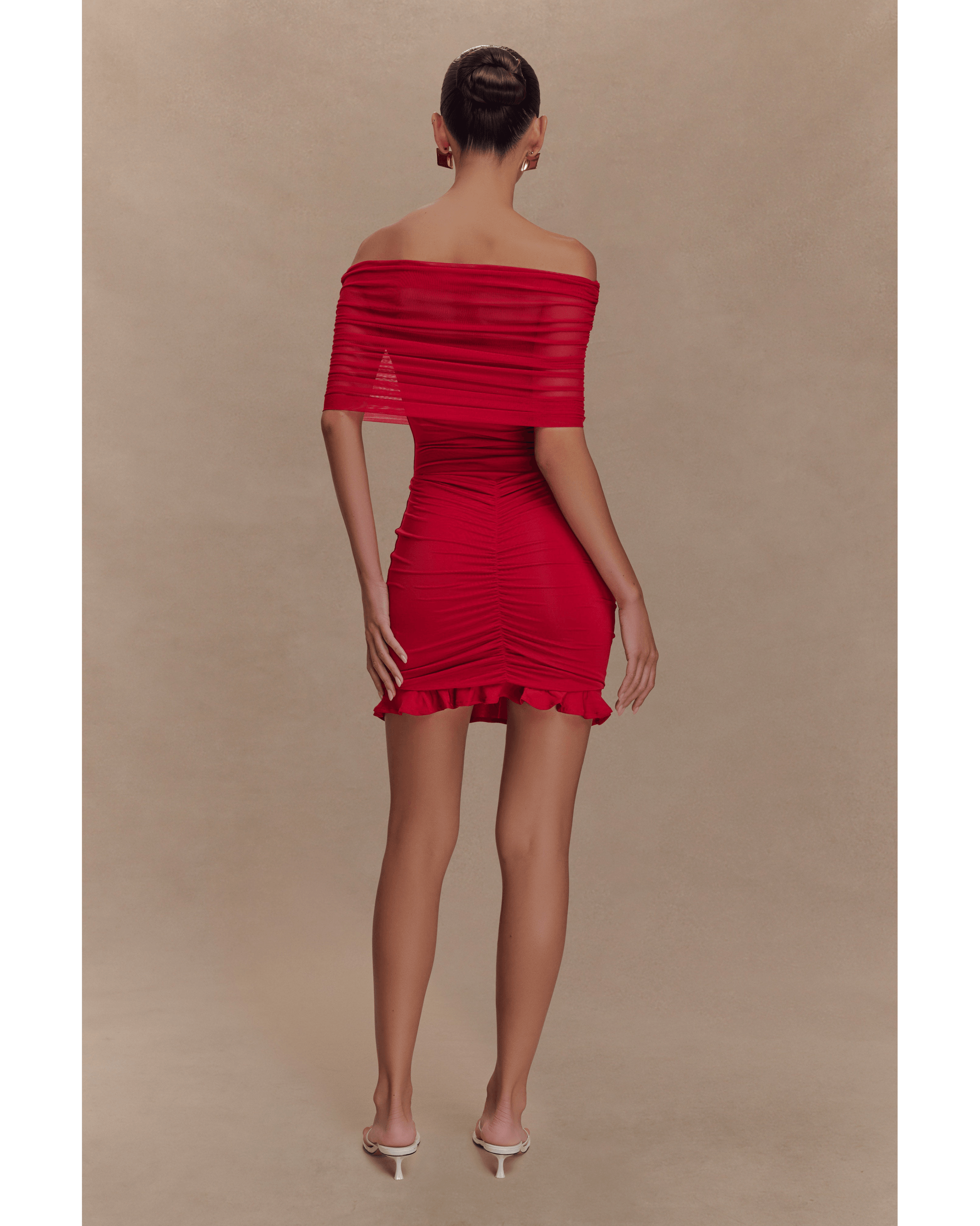 Caspian Slinky And Mesh Off Shoulder Mini Dress - Endless - UAE Rental and Resale for Women's Fashion