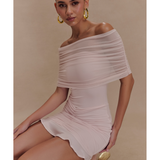 Caspian Slinky And Mesh Off Shoulder Mini Dress - Endless - UAE Rental and Resale for Women's Fashion