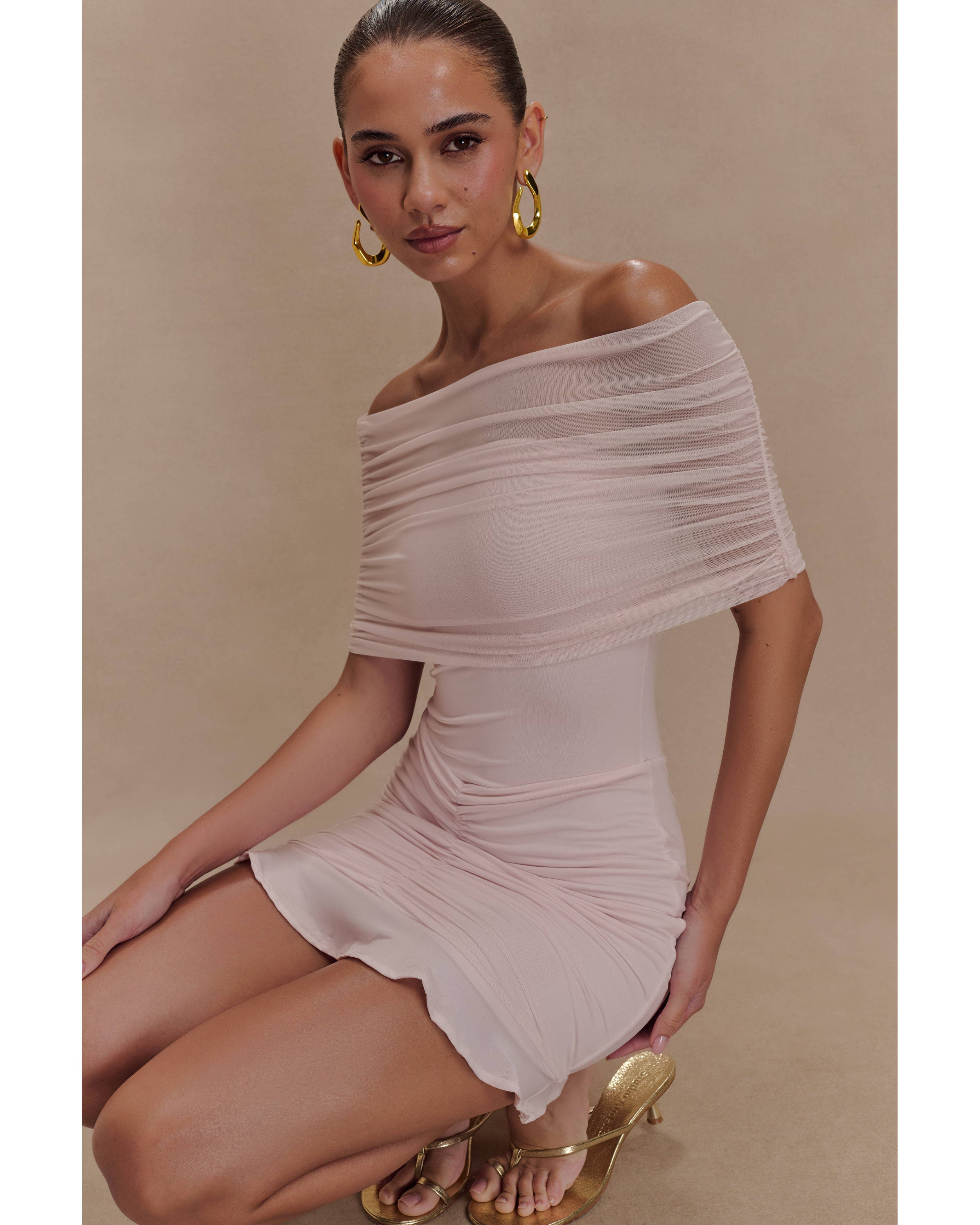 Caspian Slinky And Mesh Off Shoulder Mini Dress - Endless - UAE Rental and Resale for Women's Fashion