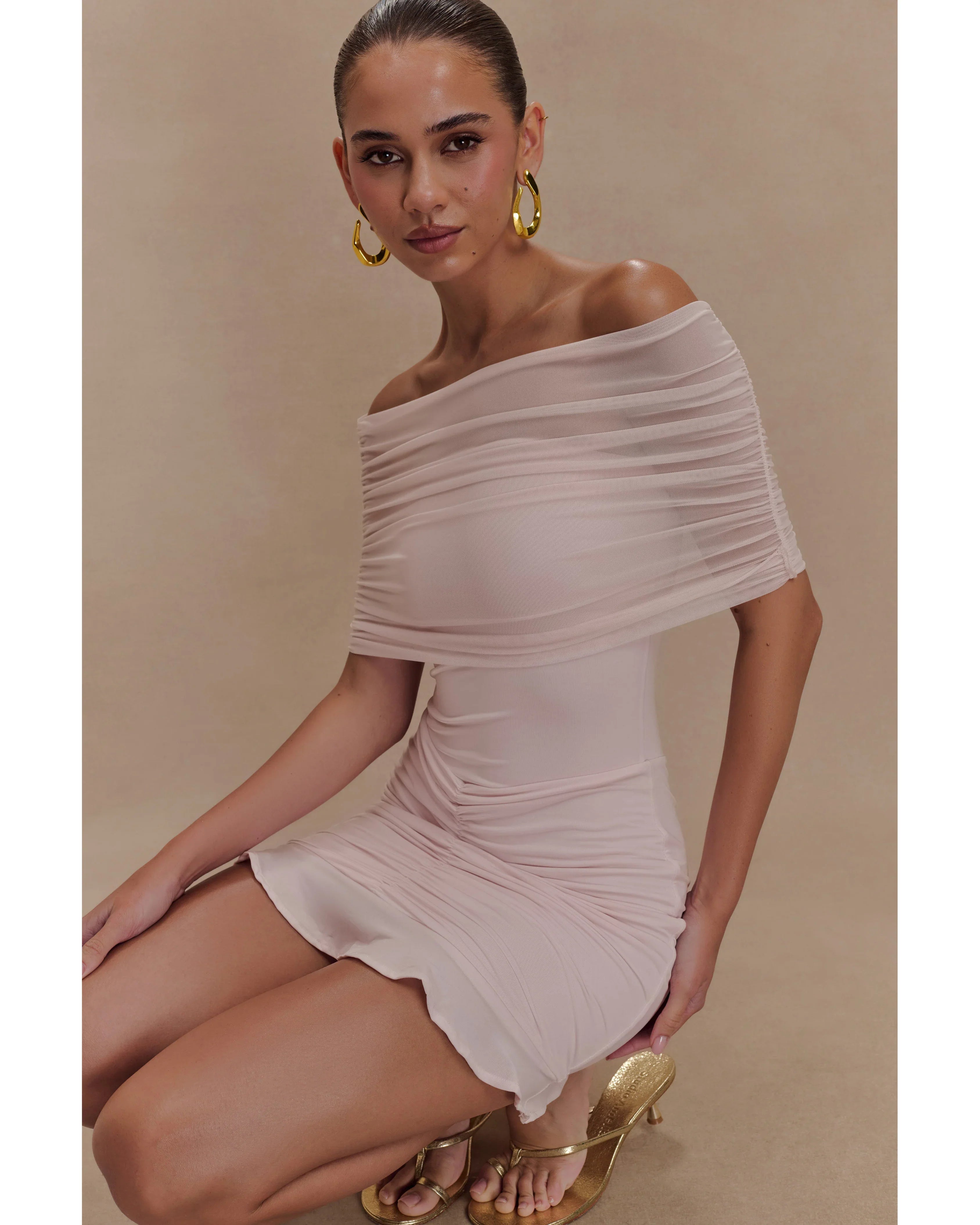 Caspian Slinky And Mesh Off Shoulder Mini Dress - Endless - UAE Rental and Resale for Women's Fashion