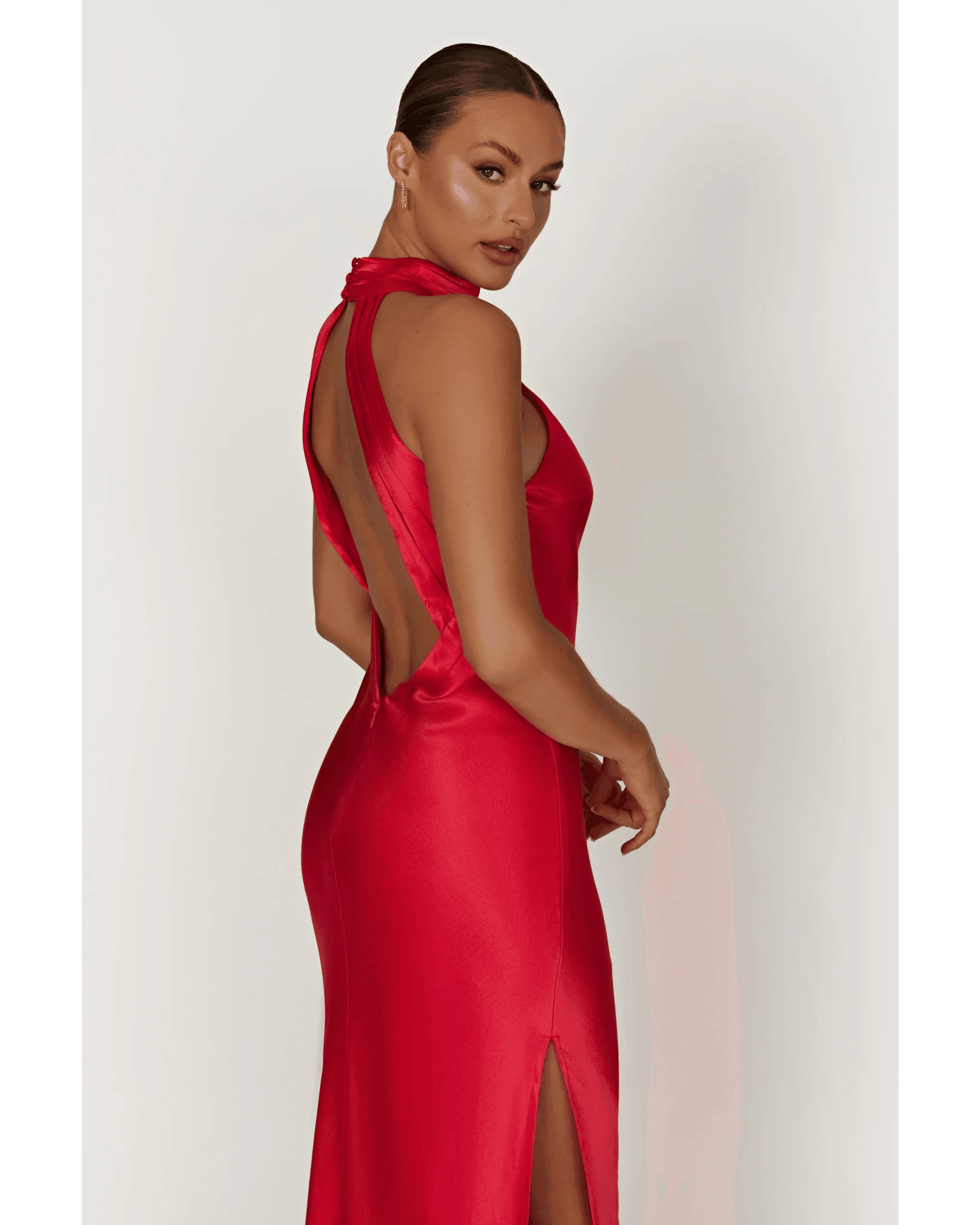 Claire Satin Drape Back Maxi Dress with Split - Endless - UAE Rental and Resale for Women's Fashion