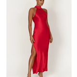 Claire Satin Drape Back Maxi Dress with Split - Endless - UAE Rental and Resale for Women's Fashion