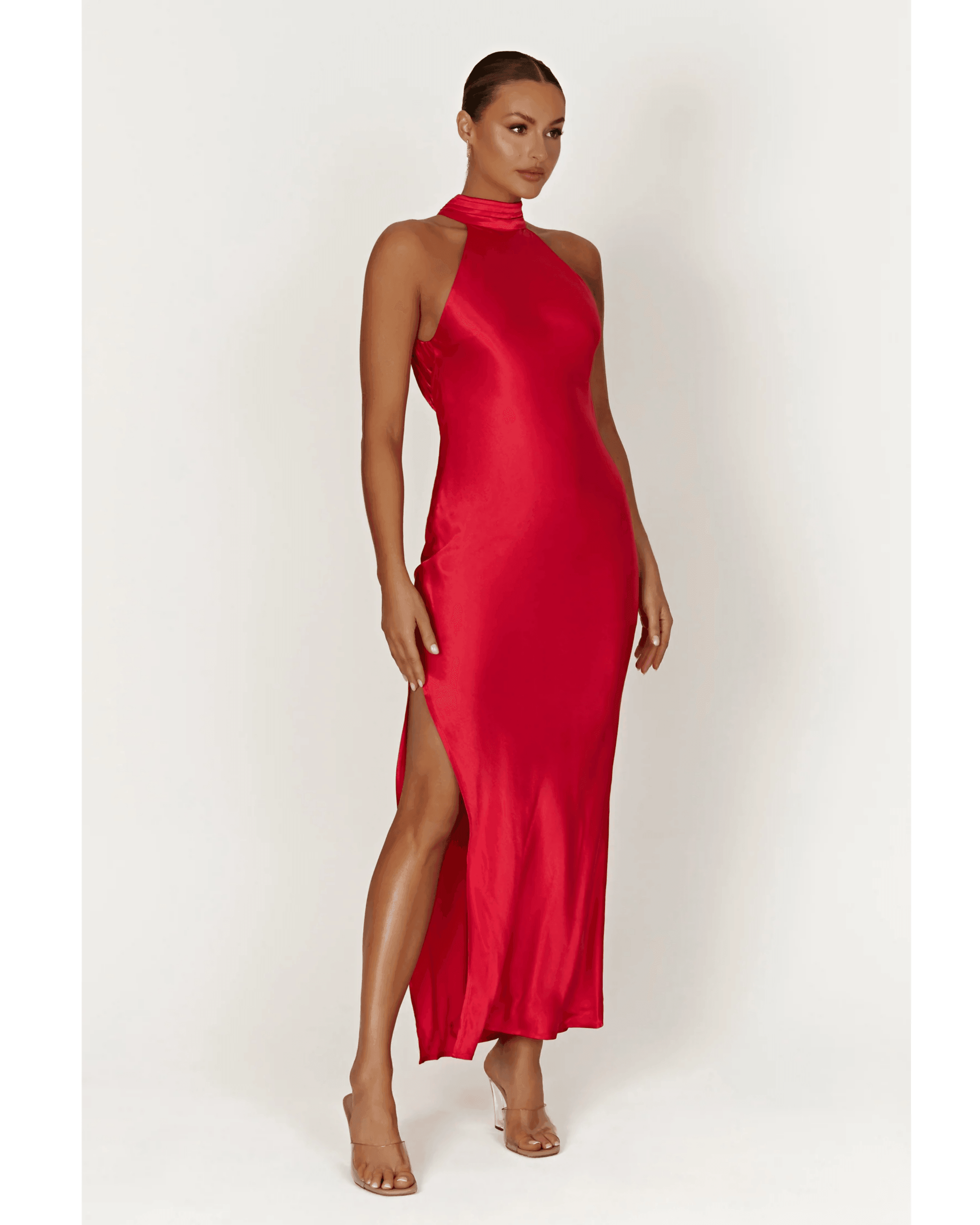 Claire Satin Drape Back Maxi Dress with Split - Endless - UAE Rental and Resale for Women's Fashion