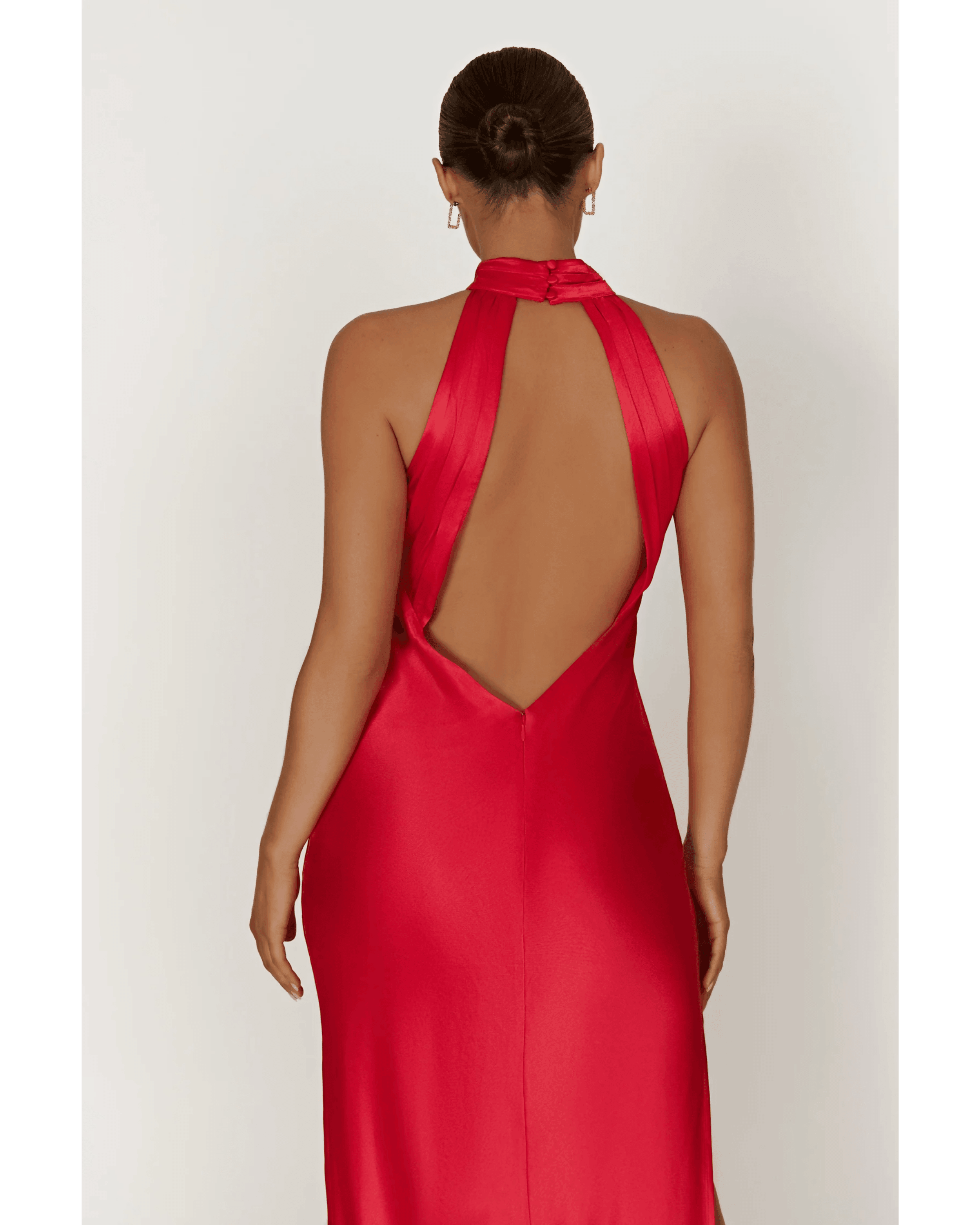 Claire Satin Drape Back Maxi Dress with Split - Endless - UAE Rental and Resale for Women's Fashion