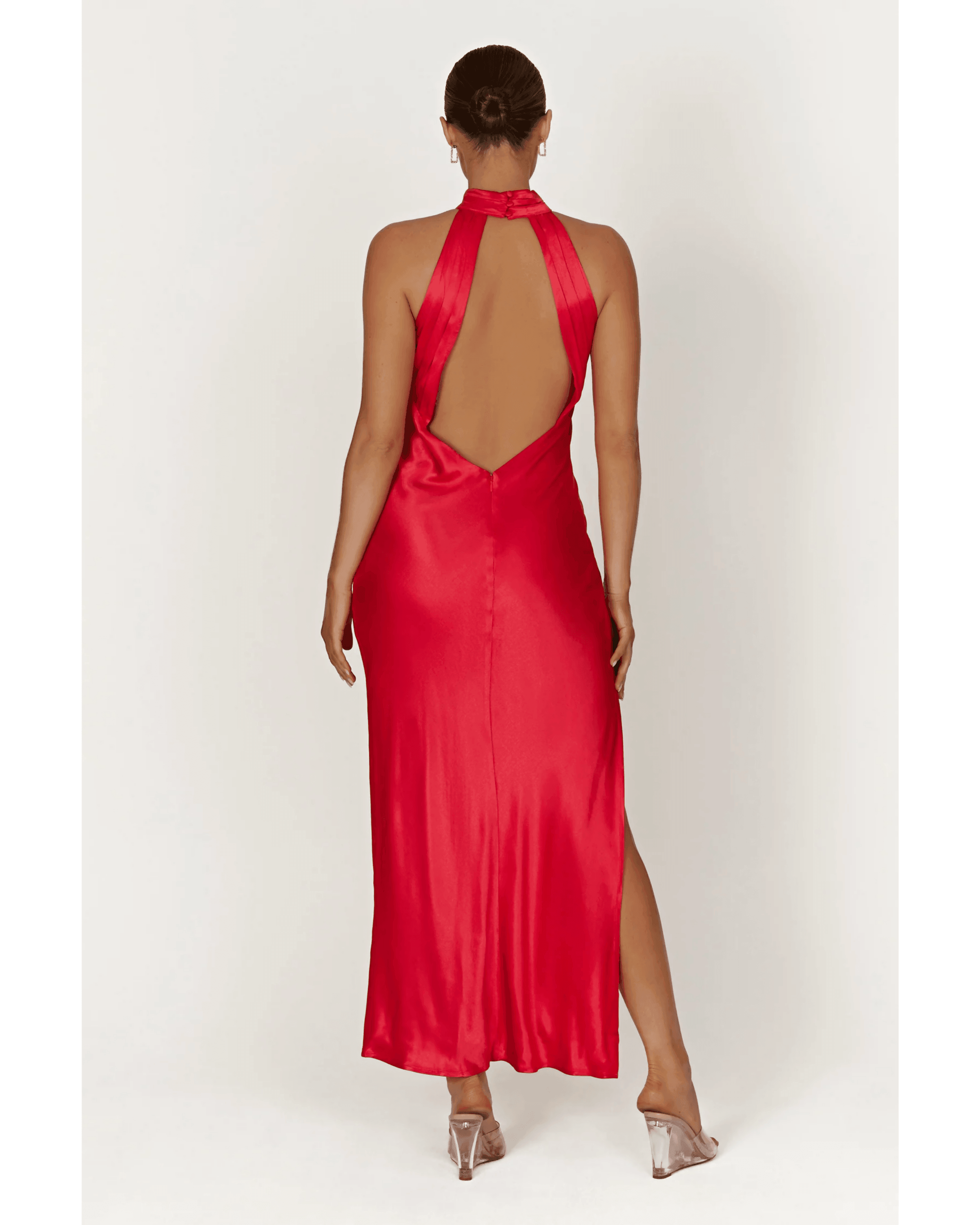 Claire Satin Drape Back Maxi Dress with Split - Endless - UAE Rental and Resale for Women's Fashion