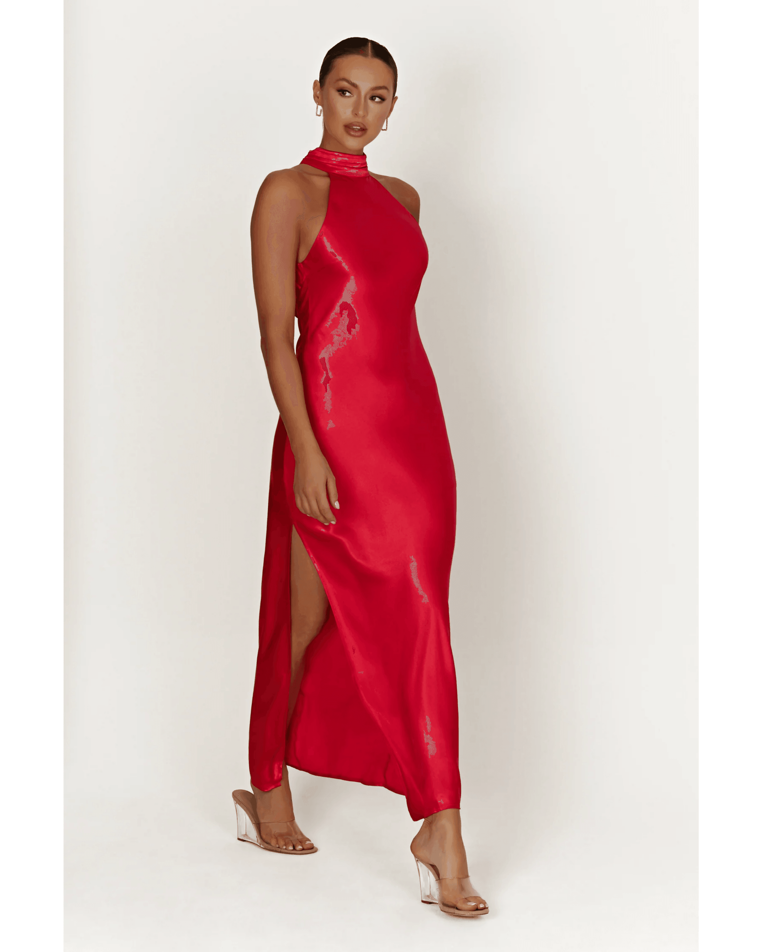 Claire Satin Drape Back Maxi Dress with Split - Endless - UAE Rental and Resale for Women's Fashion