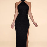Embellished high neck split maxi dress - Endless - UAE Rental and Resale for Women's Fashion