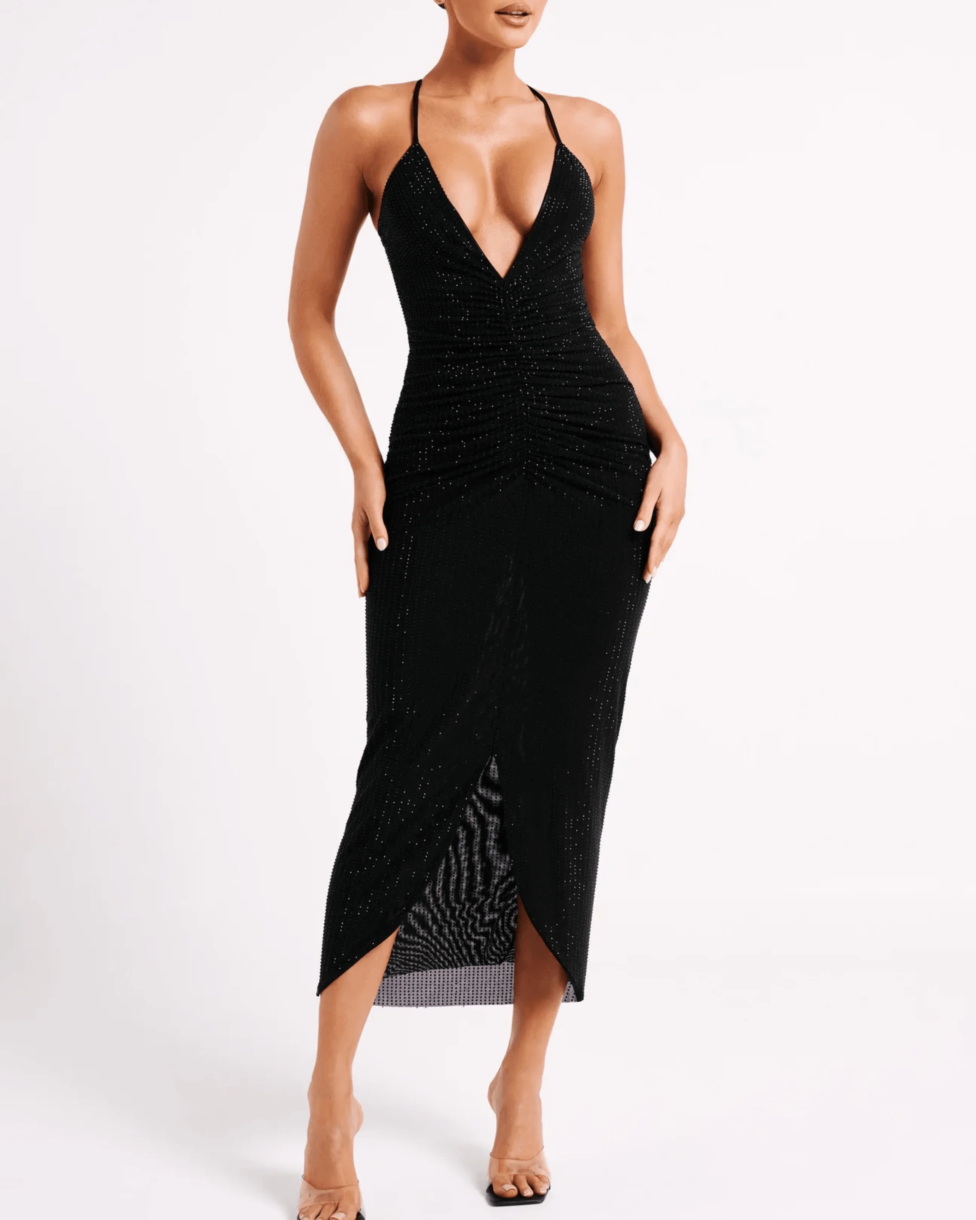 Emeraude Diamonte Ruched Midi Dress - Endless - UAE Rental and Resale for Women's Fashion