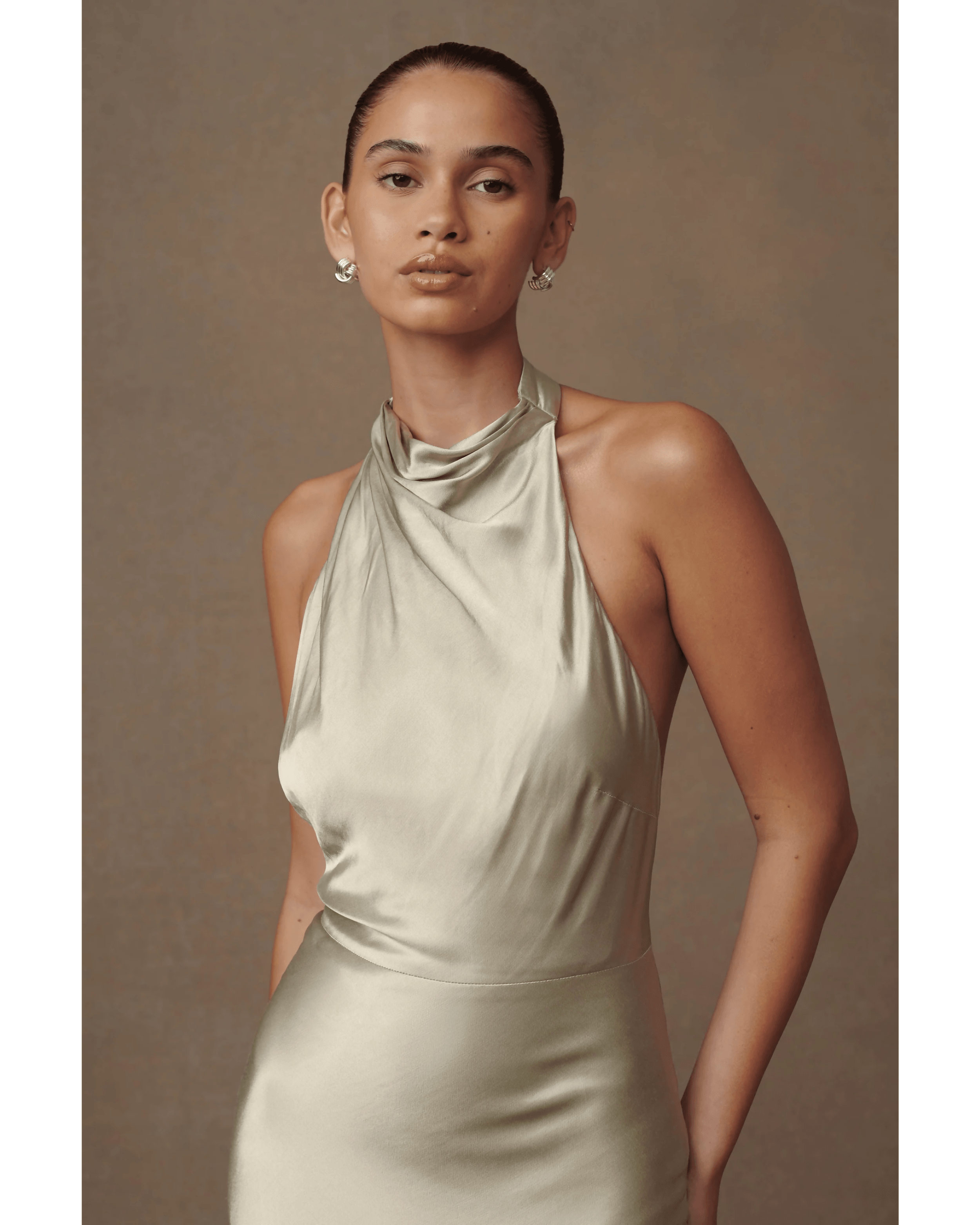 Esther Iridescent Satin Cowl Maxi Dress - Endless - UAE Rental and Resale for Women's Fashion