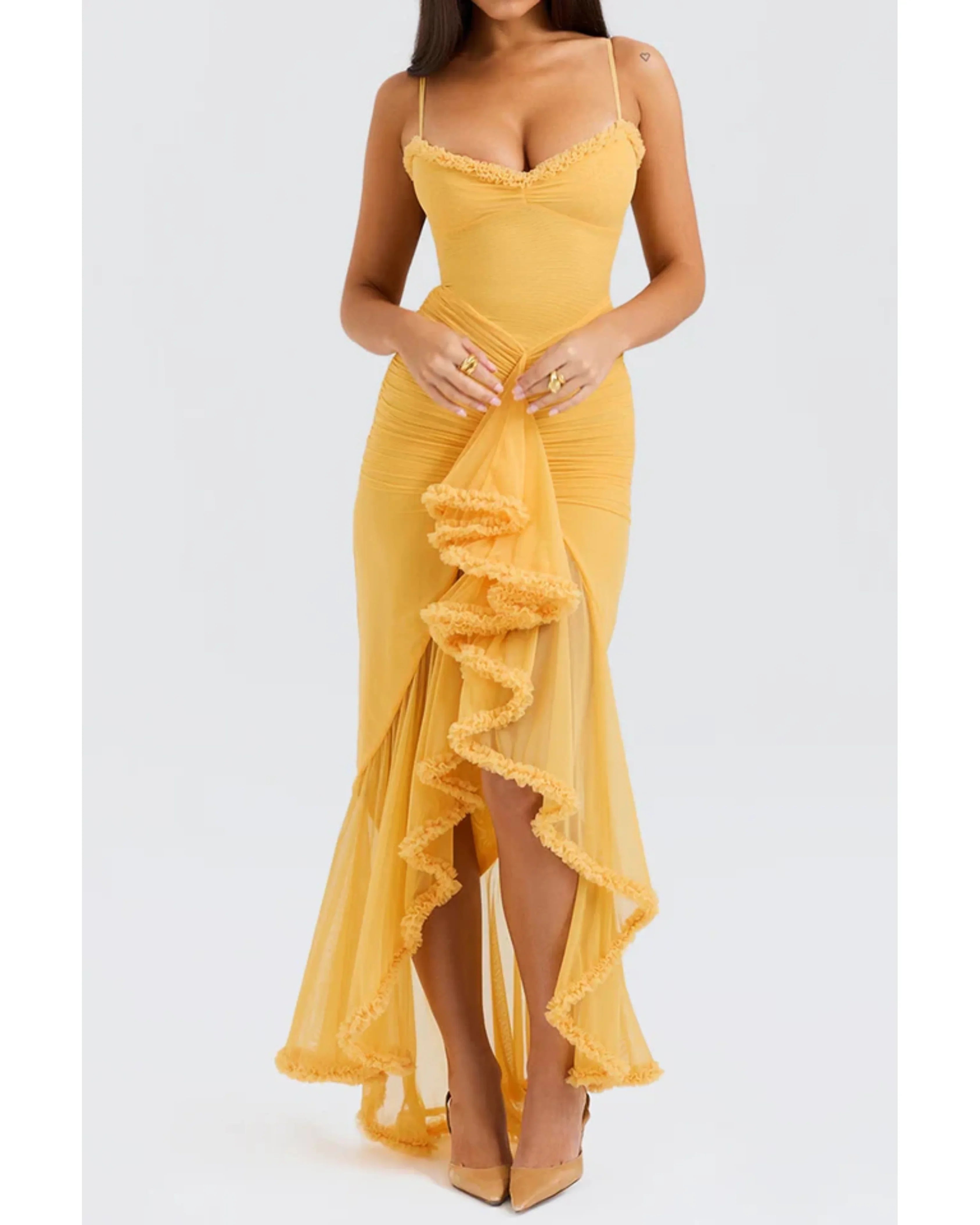 Gabbi Apricot Ruffled Front Gown - Endless - UAE Rental and Resale for Women's Fashion