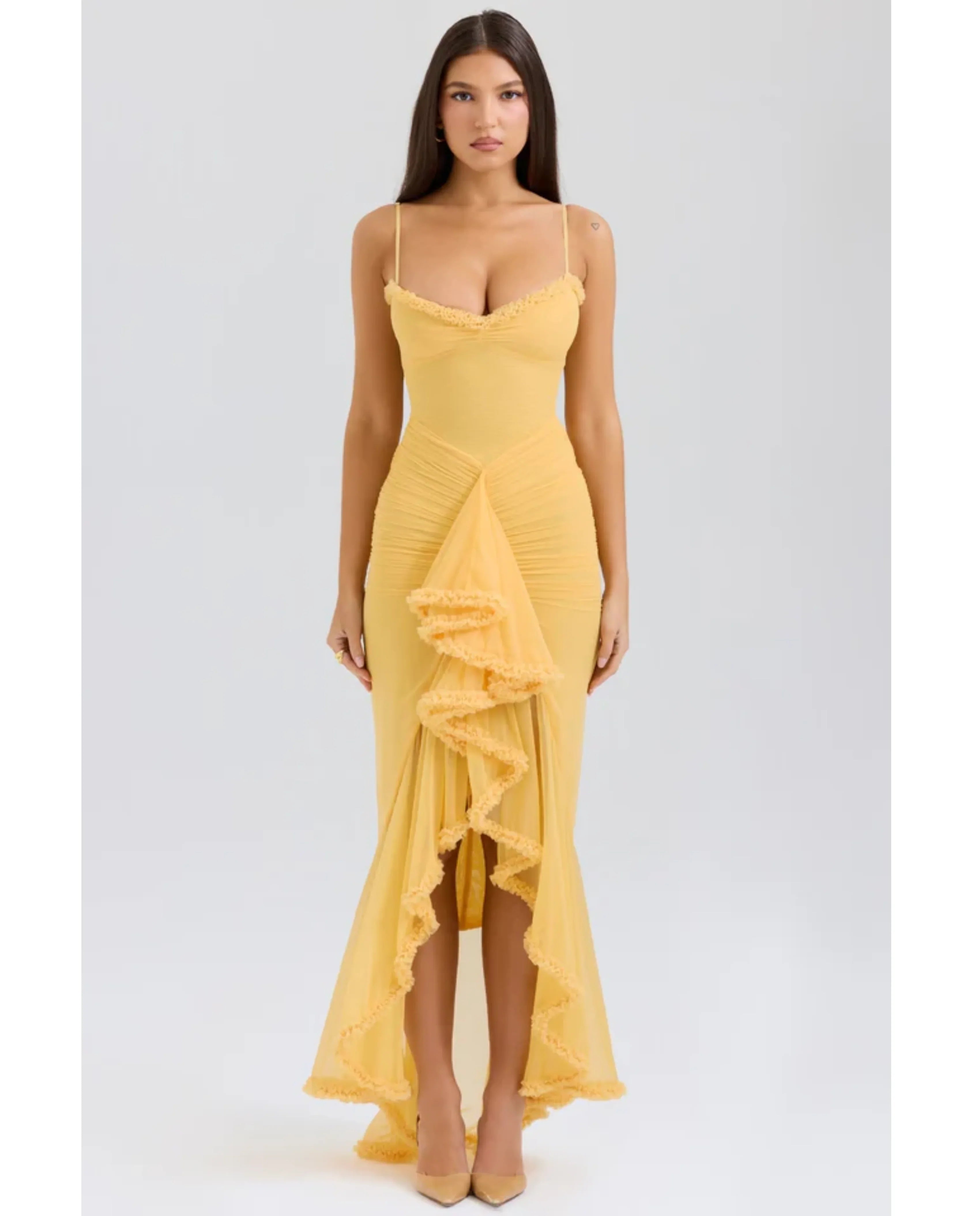 Gabbi Apricot Ruffled Front Gown - Endless - UAE Rental and Resale for Women's Fashion