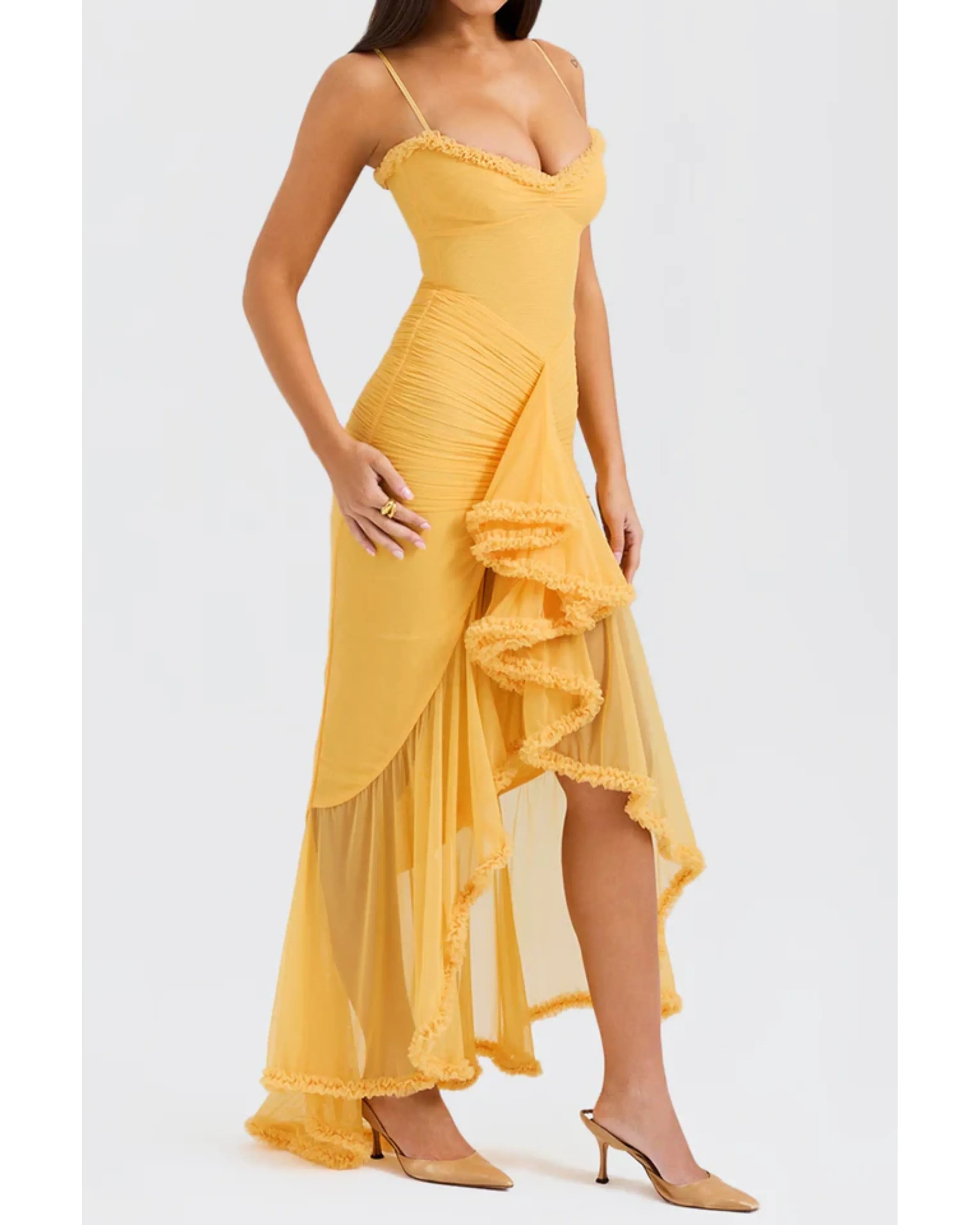 Gabbi Apricot Ruffled Front Gown - Endless - UAE Rental and Resale for Women's Fashion