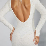 Hague Long Sleeve Embellished Backless Mini Dress in Ivory - Endless - UAE Rental and Resale for Women's Fashion