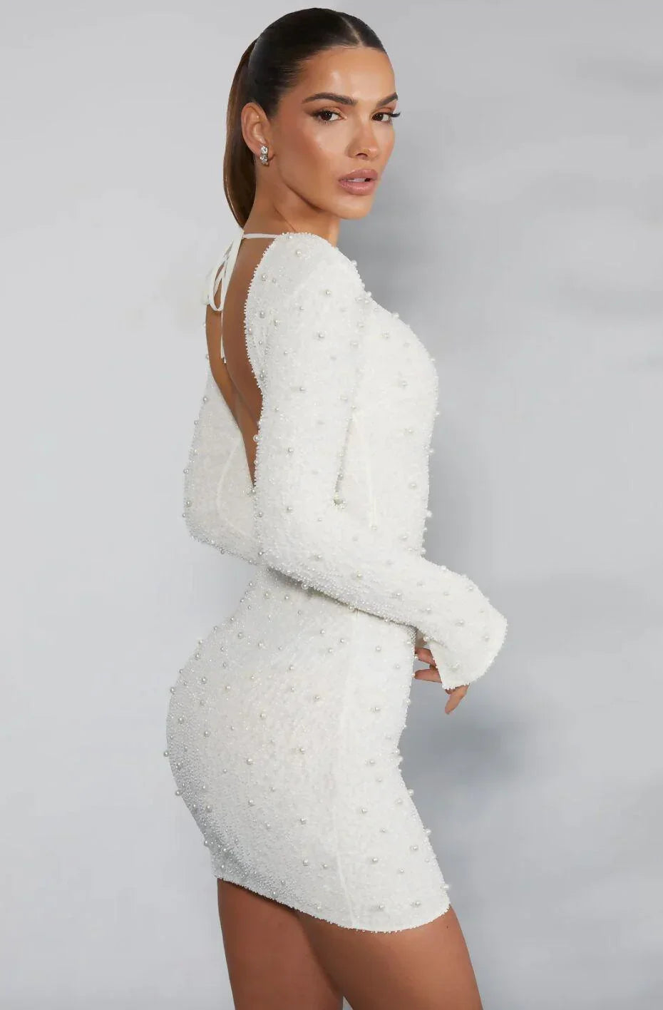Hague Long Sleeve Embellished Backless Mini Dress in Ivory - Endless - UAE Rental and Resale for Women's Fashion