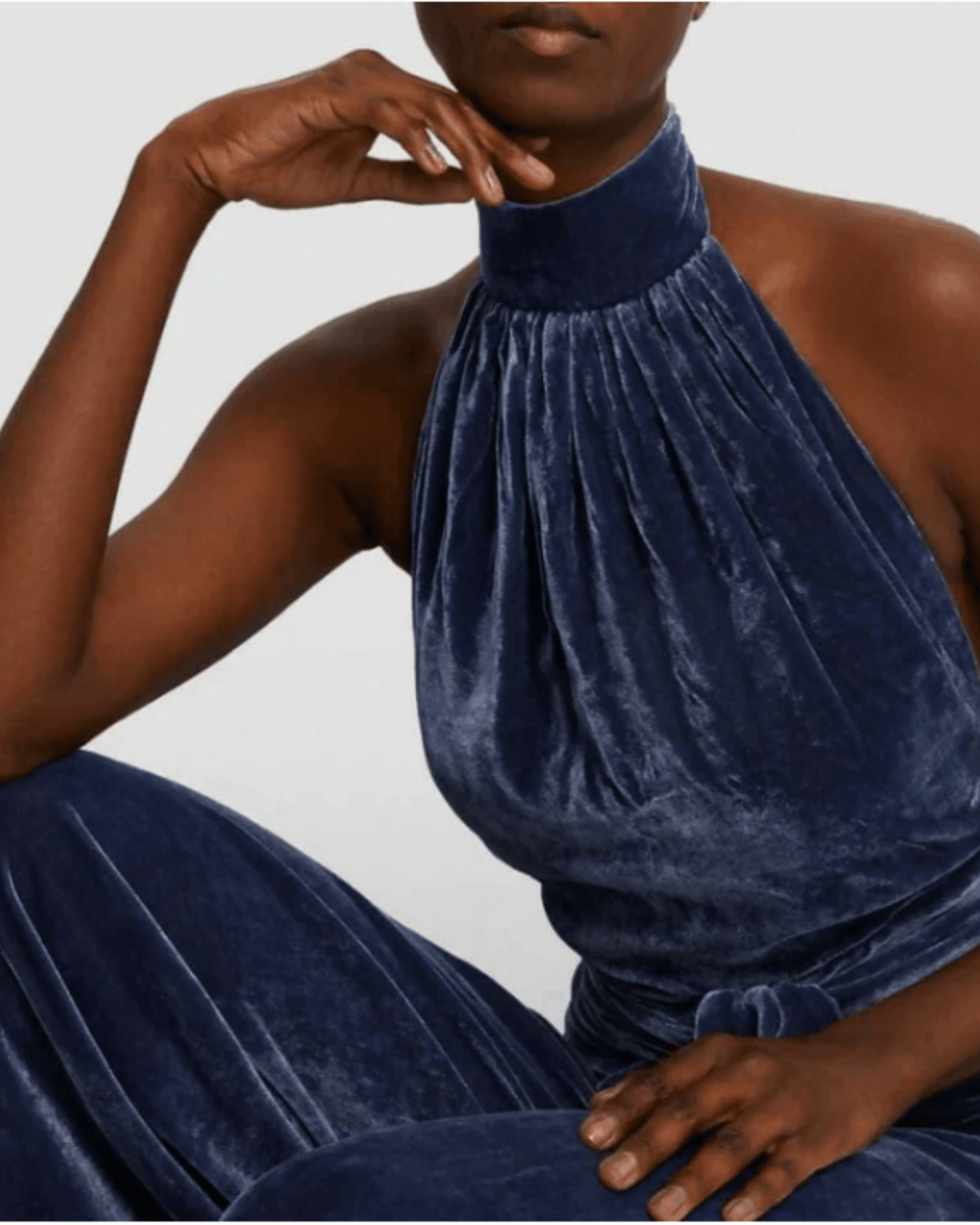Halter Backless Navy Velvet Jumpsuit - Endless - UAE Rental and Resale for Women's Fashion