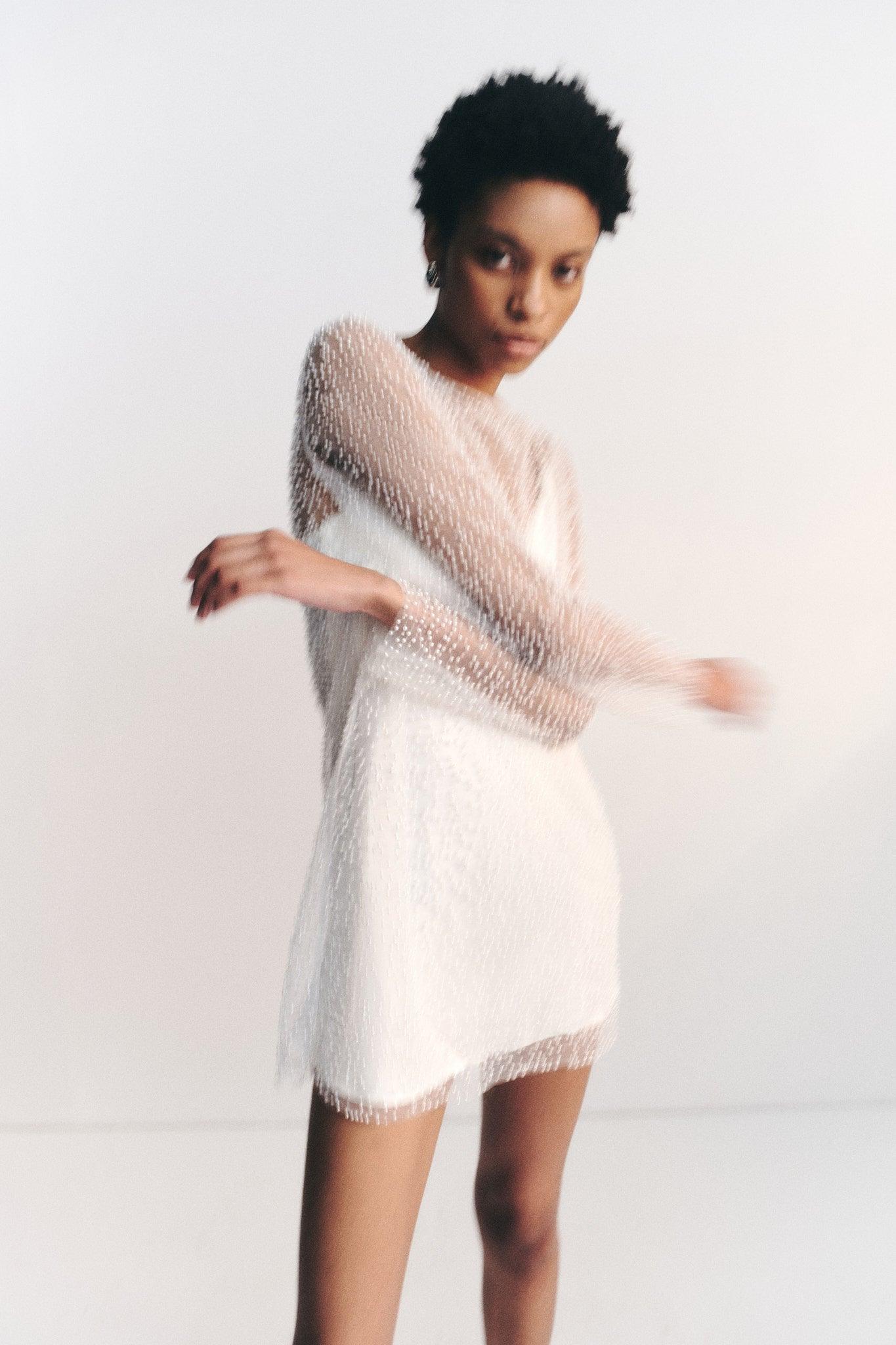 Iridescent Long Sleeve Mini Dress in Ivory - Endless - UAE Rental and Resale for Women's Fashion