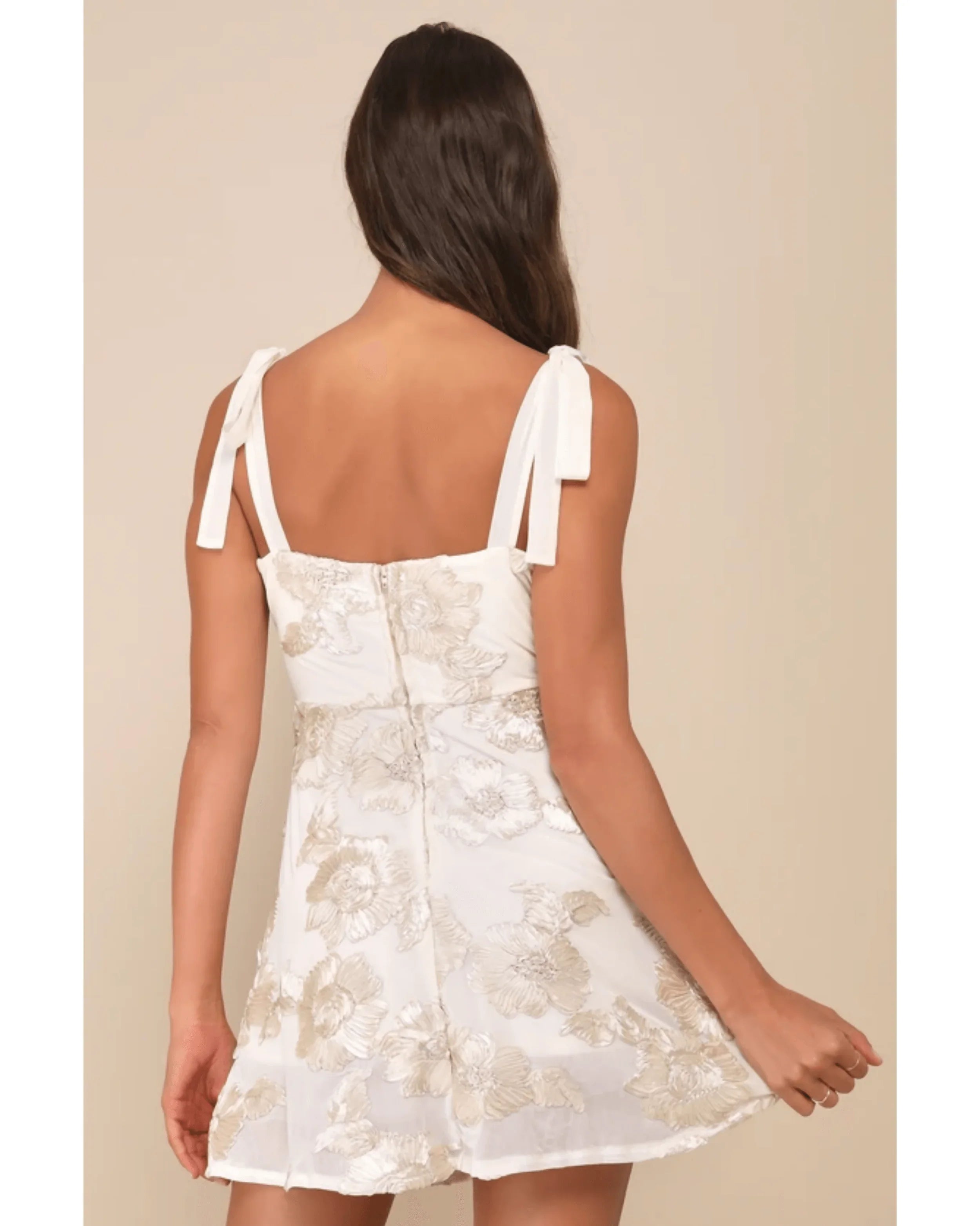 Ivory Mesh Floral Applique Tie-Strap Mini Dress - Endless - UAE Rental and Resale for Women's Fashion