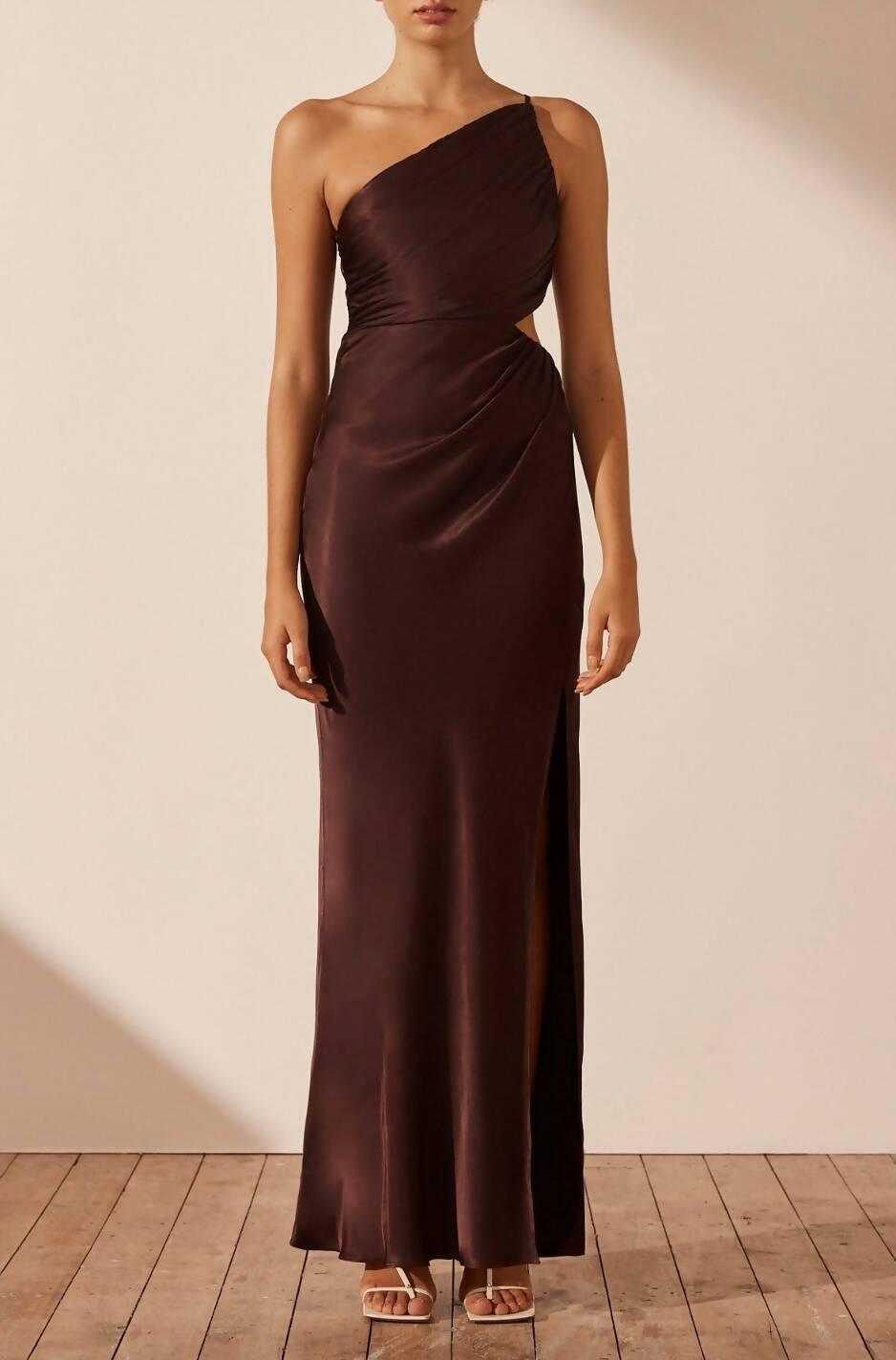 La Lune Gathered One Shoulder Maxi Dress in Cocoa - Endless - UAE Rental and Resale for Women's Fashion