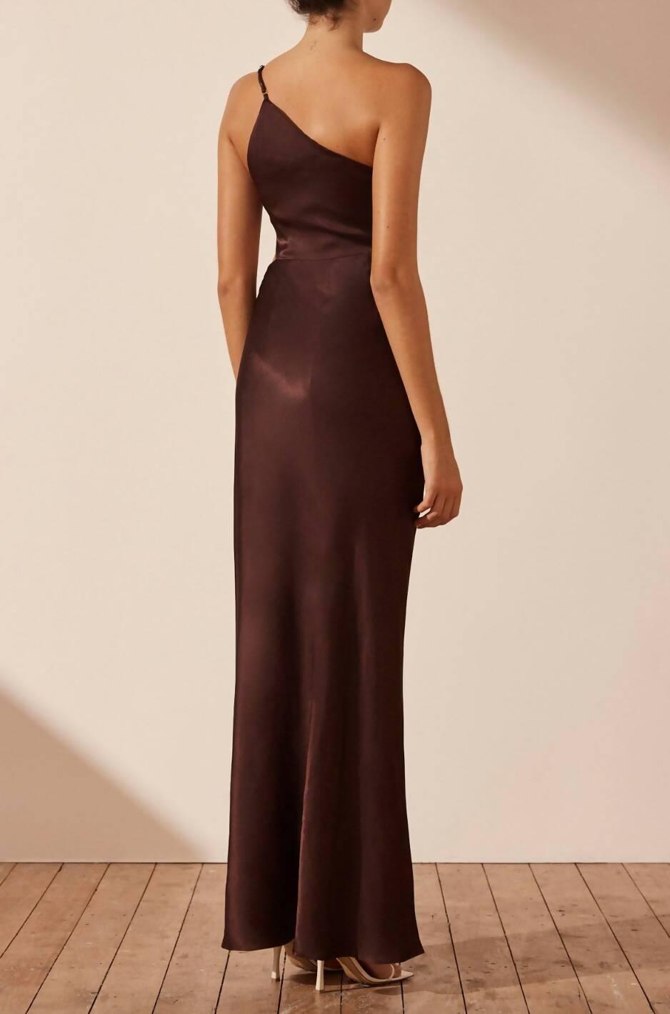 La Lune Gathered One Shoulder Maxi Dress in Cocoa - Endless - UAE Rental and Resale for Women's Fashion