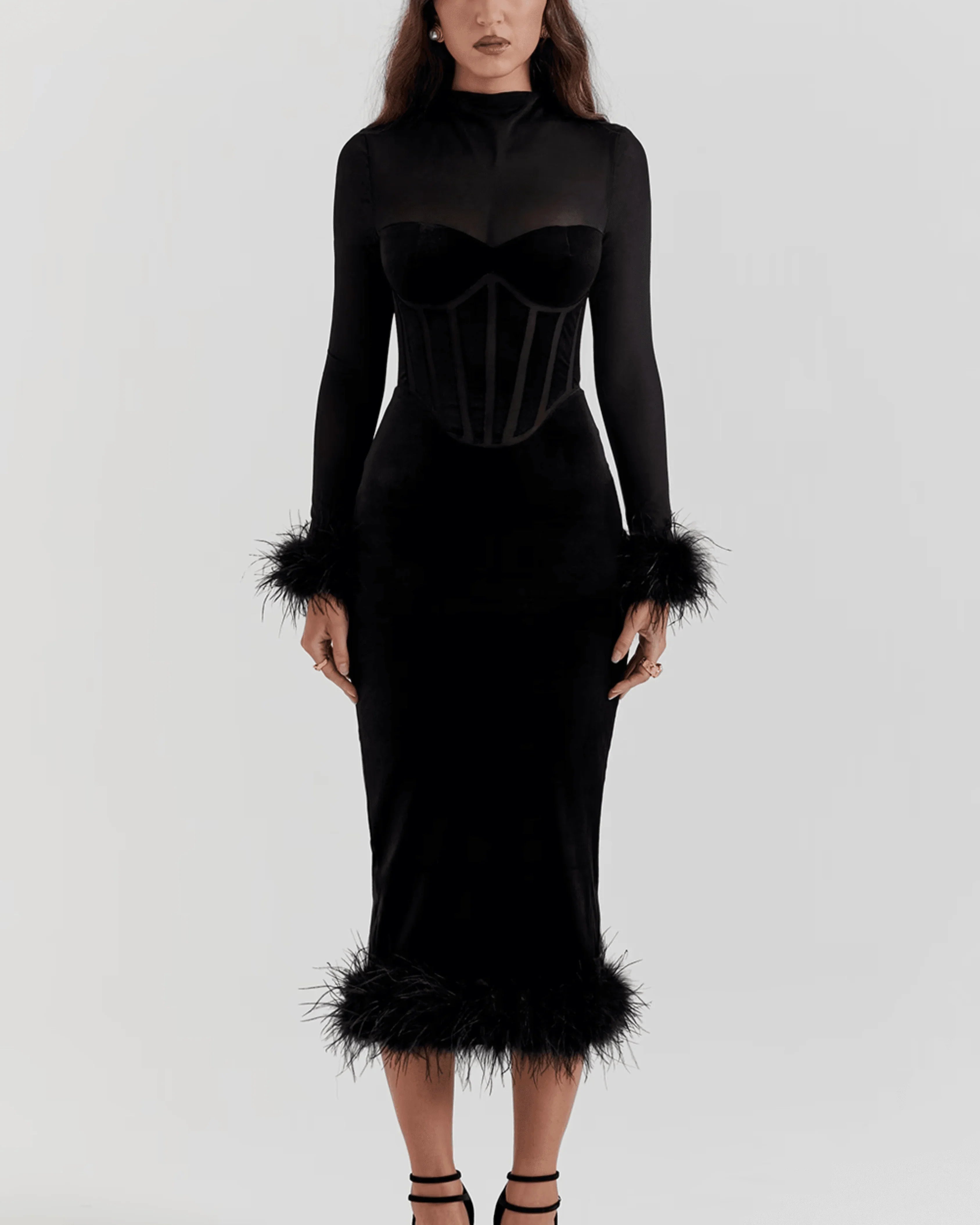 Lianna Black Velvet Midi Dress - Endless - UAE Rental and Resale for Women's Fashion