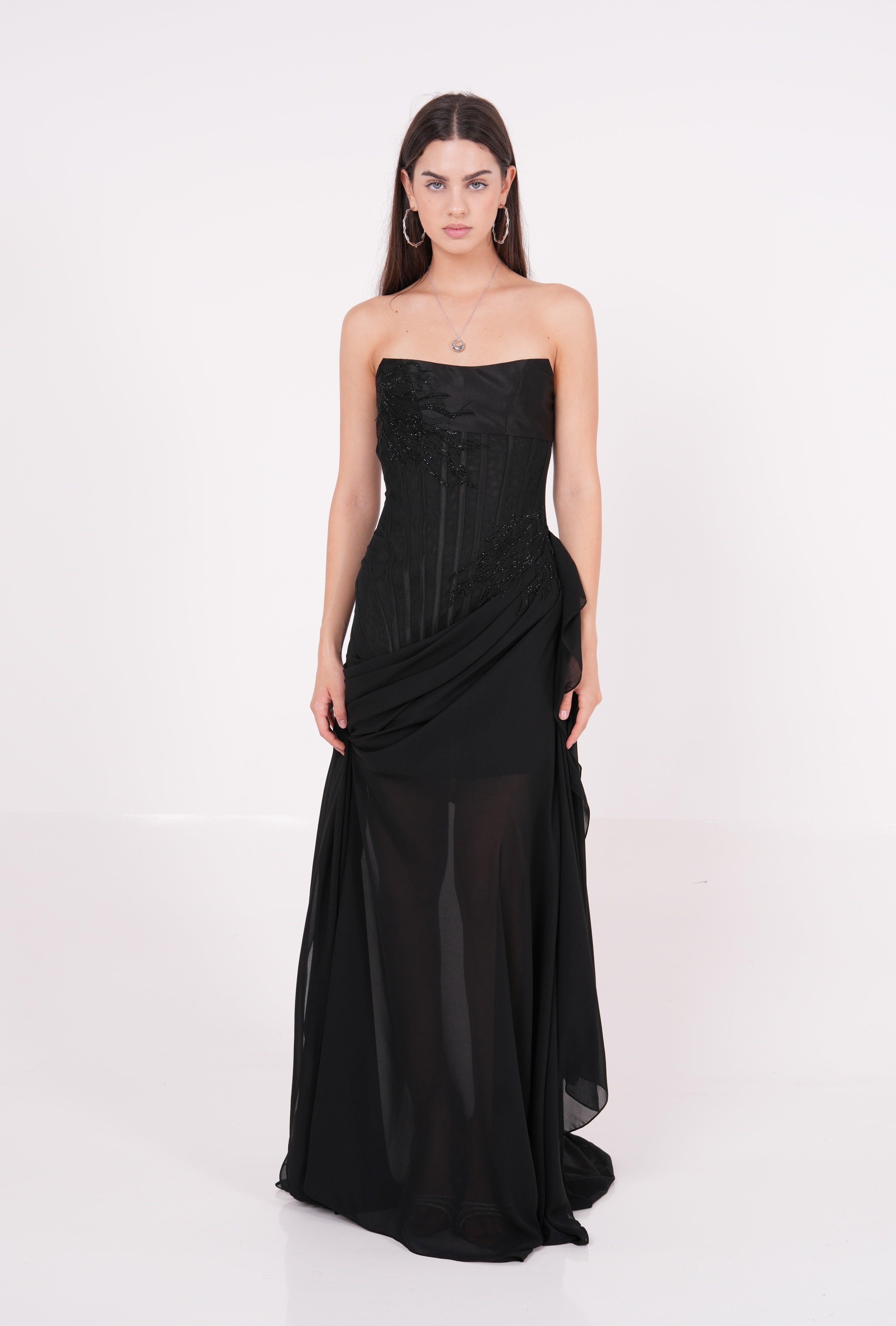 Long Black Draped Dress - Endless - UAE Rental and Resale for Women's Fashion