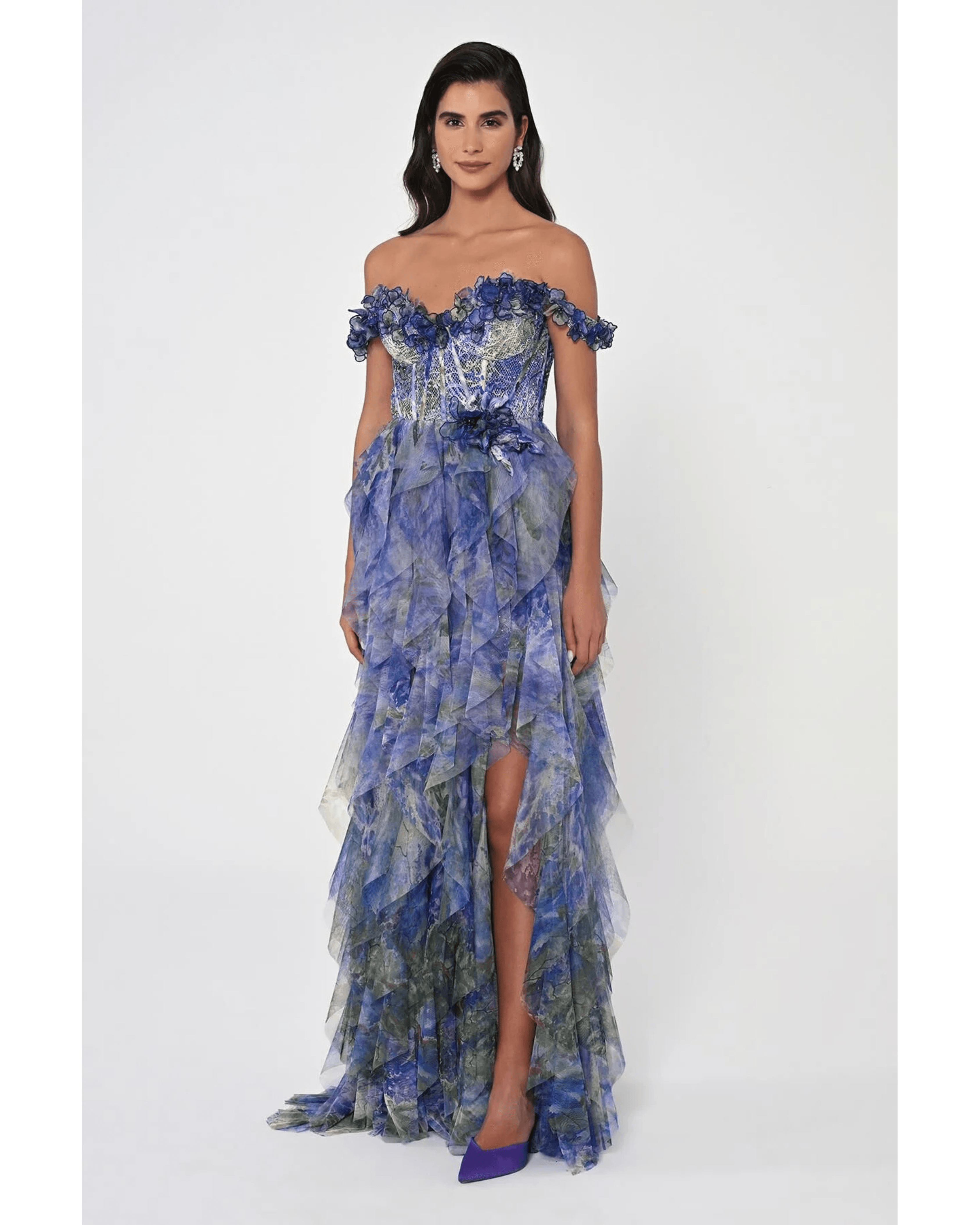Low Ruffle Shoulder Bodice Waist Tiered Tulle Long Dress - Endless - UAE Rental and Resale for Women's Fashion