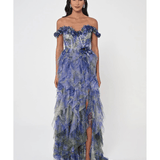 Low Ruffle Shoulder Bodice Waist Tiered Tulle Long Dress - Endless - UAE Rental and Resale for Women's Fashion