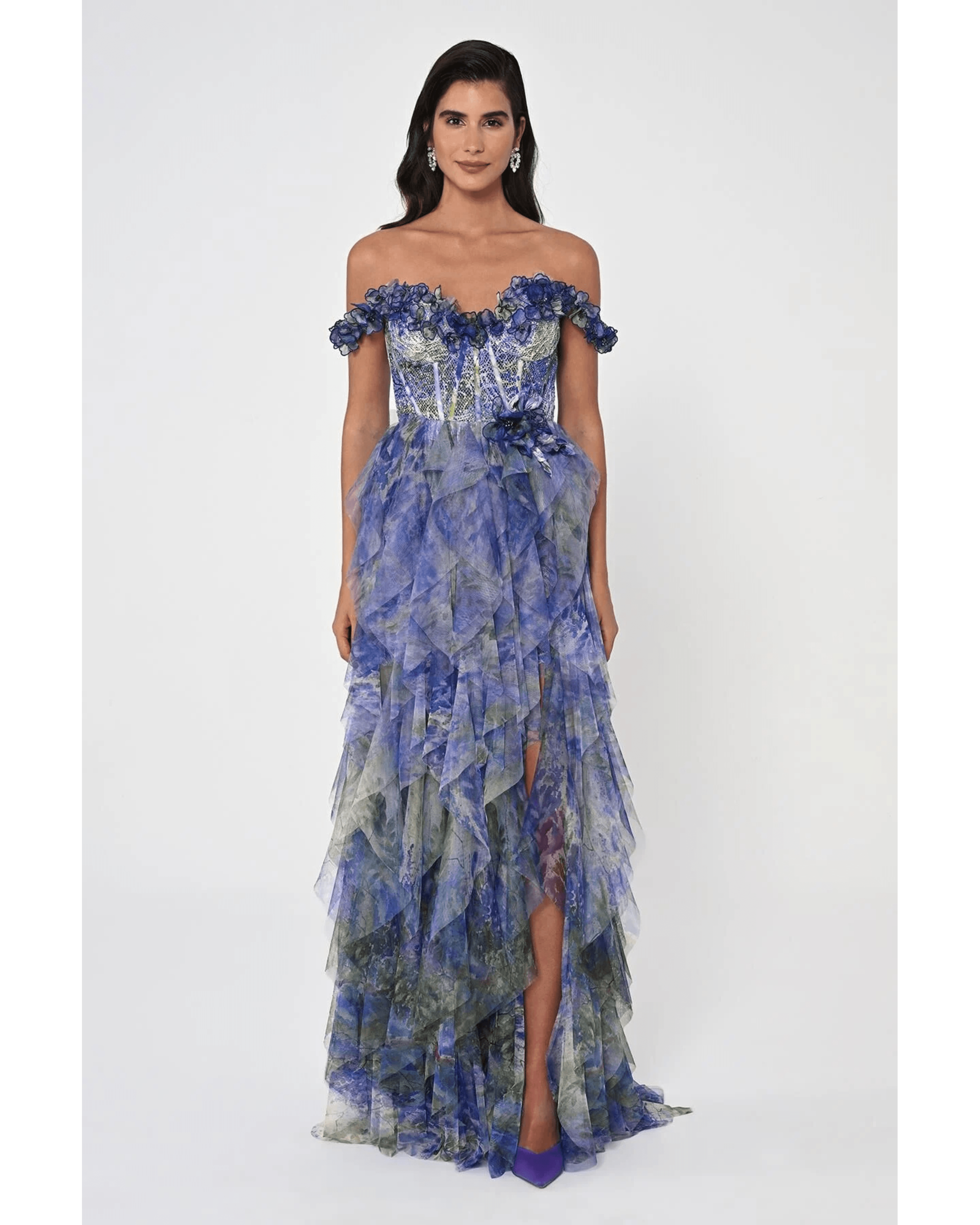Low Ruffle Shoulder Bodice Waist Tiered Tulle Long Dress - Endless - UAE Rental and Resale for Women's Fashion