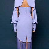 Nour Abdul Lilac Cape Sleeve Fringe Gown
