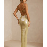 Marlena Sheer Sequin V-Neck Cut Out Back Evening Gown - Endless - UAE Rental and Resale for Women's Fashion