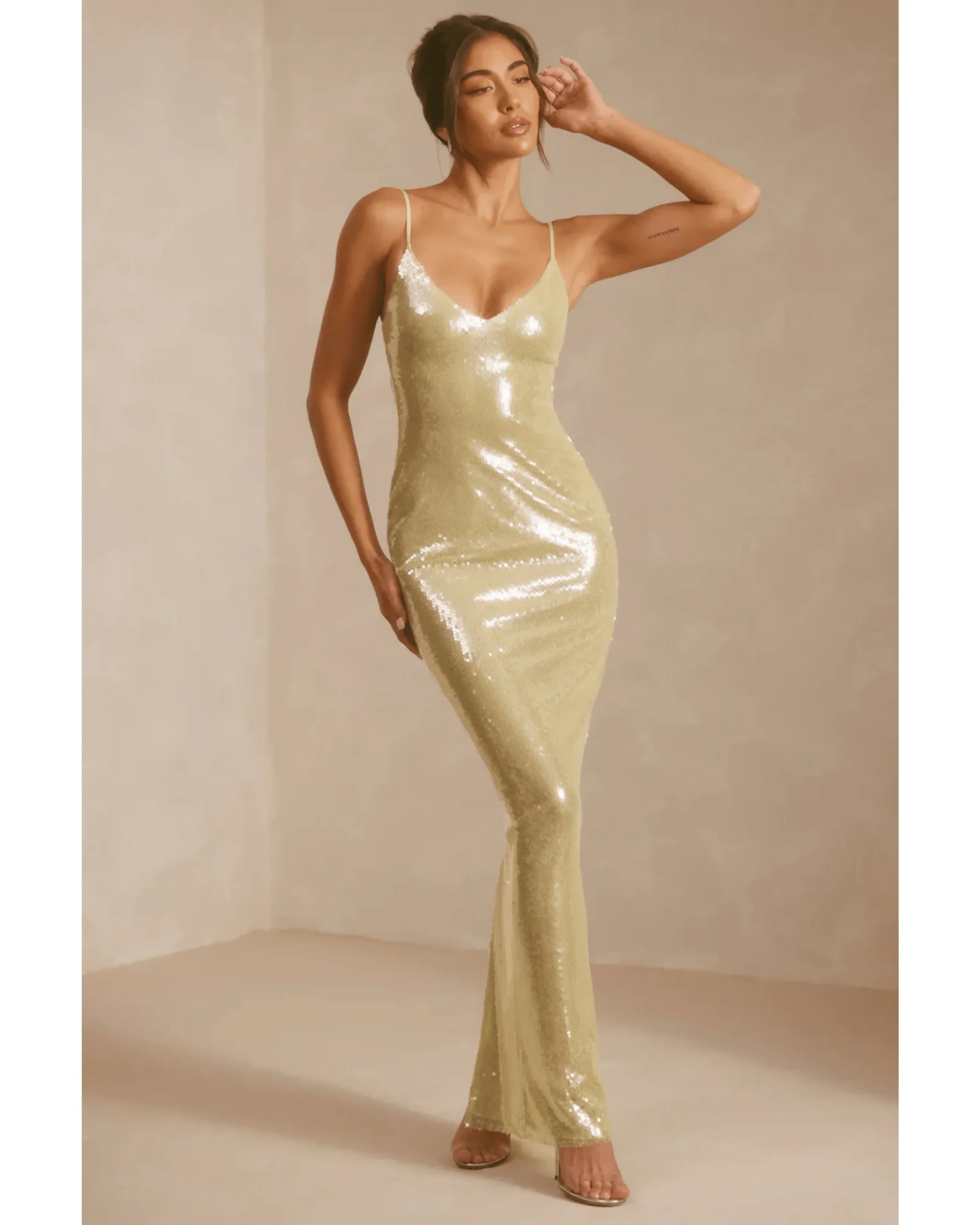 Marlena Sheer Sequin V-Neck Cut Out Back Evening Gown - Endless - UAE Rental and Resale for Women's Fashion