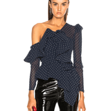 Navy Blue Swiss Dot Draped One Shoulder Blouse - Endless - UAE Rental and Resale for Women's Fashion